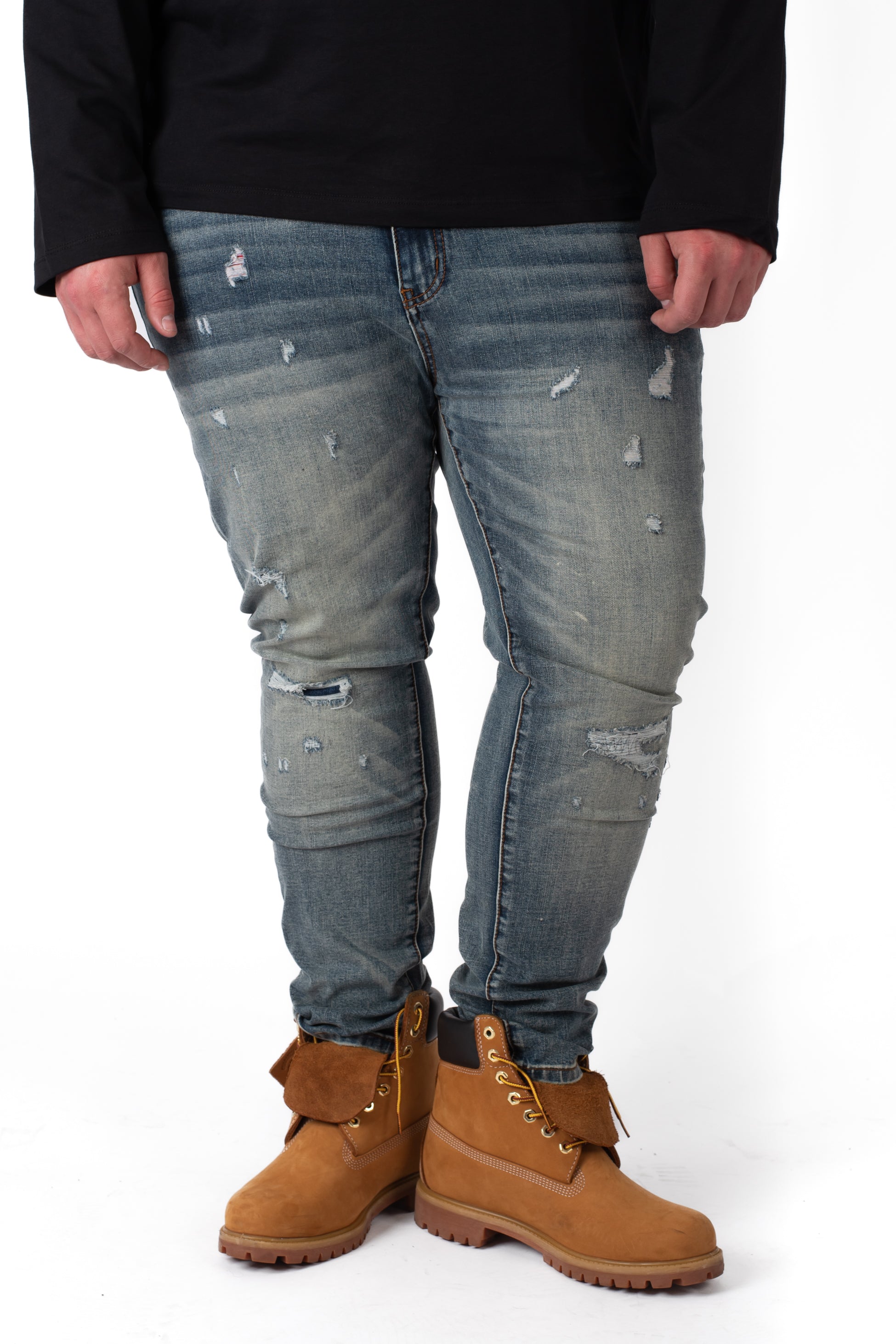 Jeans strappati effetto vintage denim elasticizzato taglie forti uomo con boots