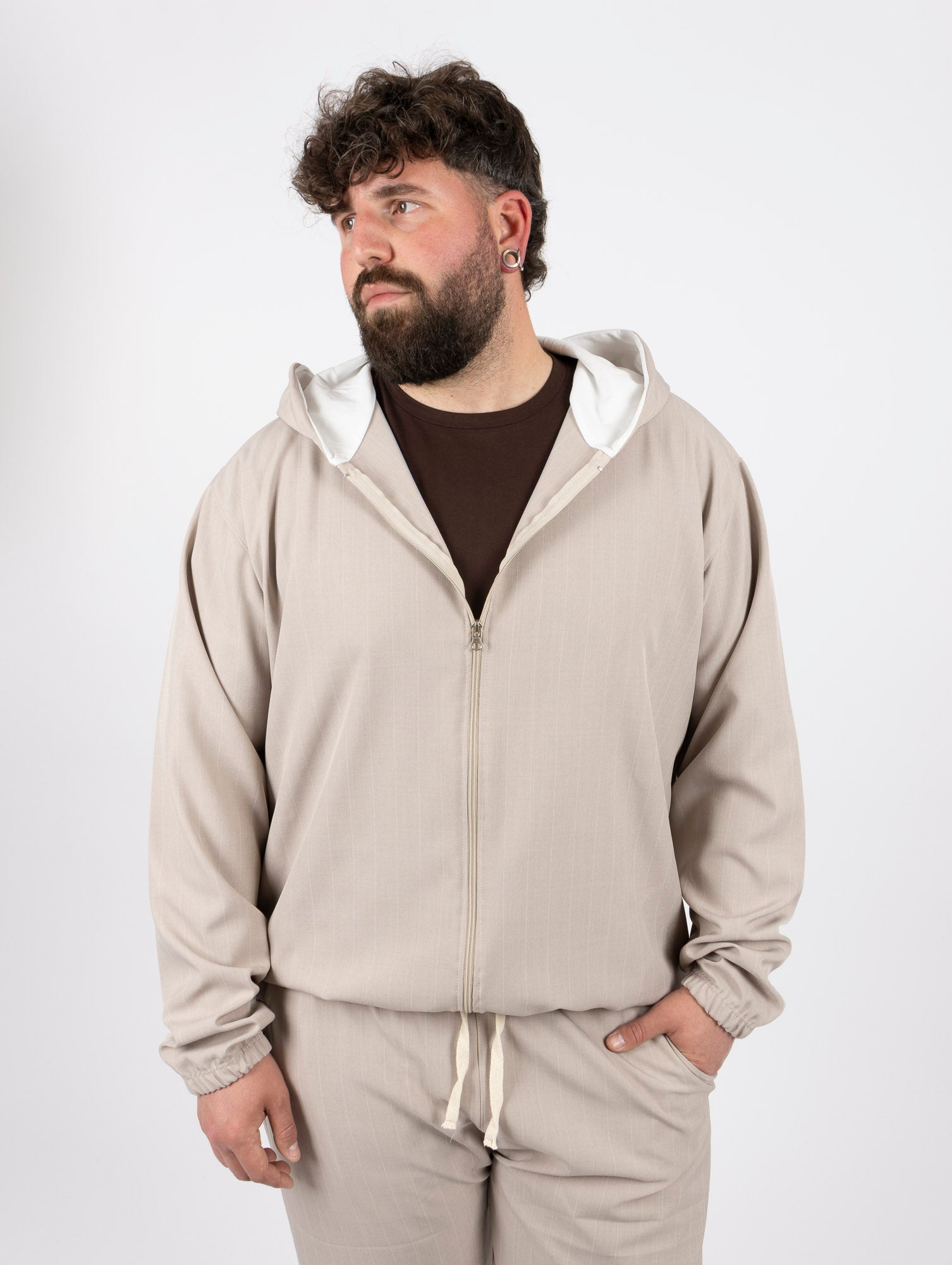 Giacca con Cappuccio Beige Gessata Uomo Taglie Forti