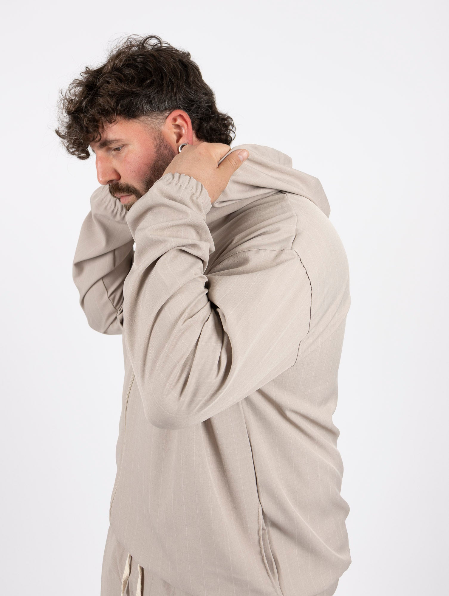 Giacca con Cappuccio Beige Gessata Uomo Taglie Forti