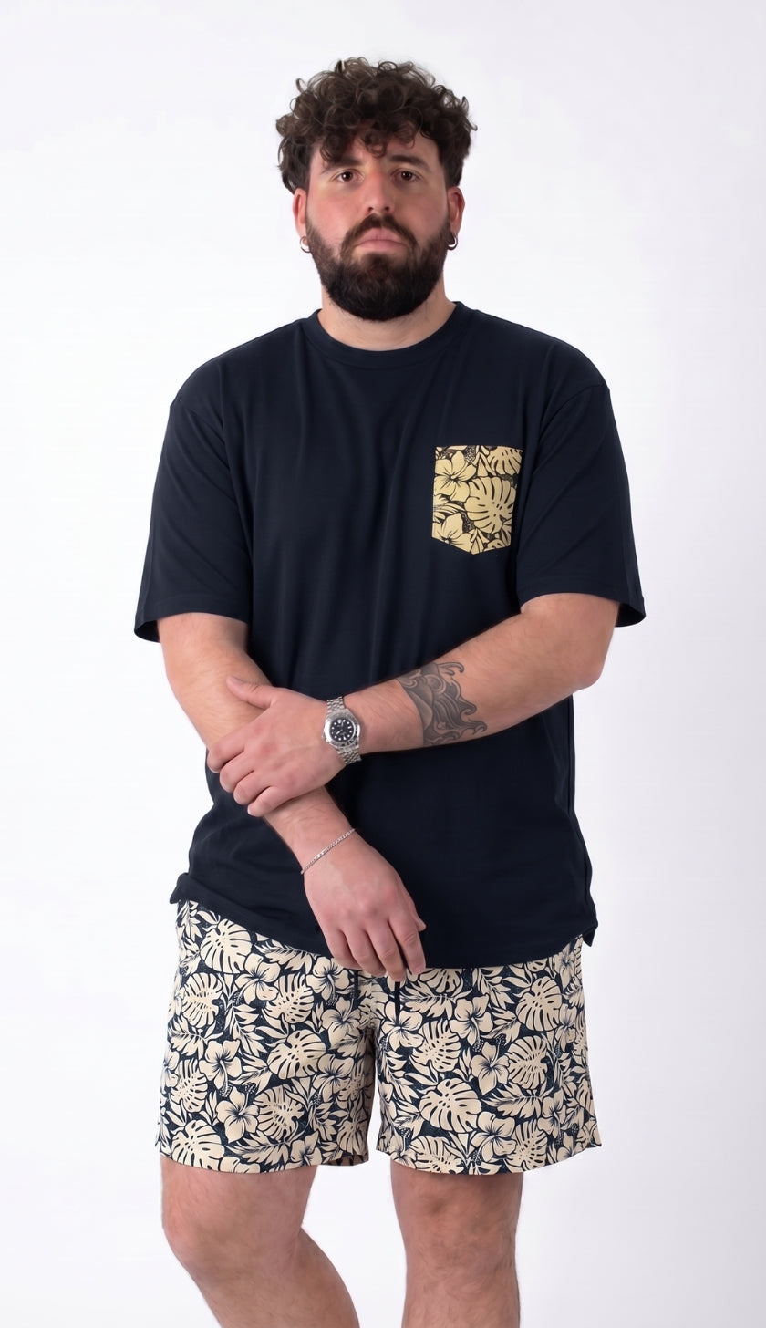 T-Shirt Blue Navy con Taschino Fantasia Foglie Tropicali Uomo Taglie Forti