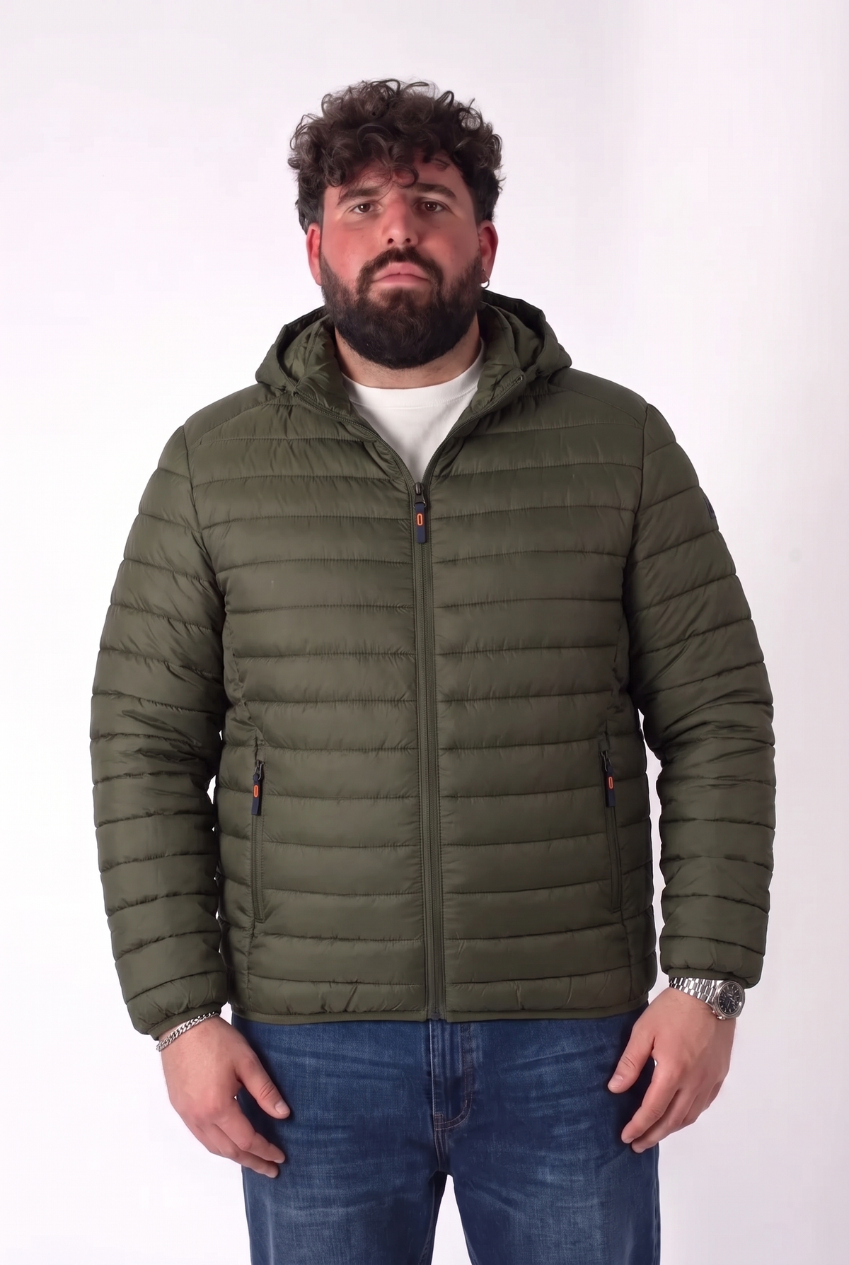 Piumino Verde Militare con Cappuccio Taglie Forti Uomo