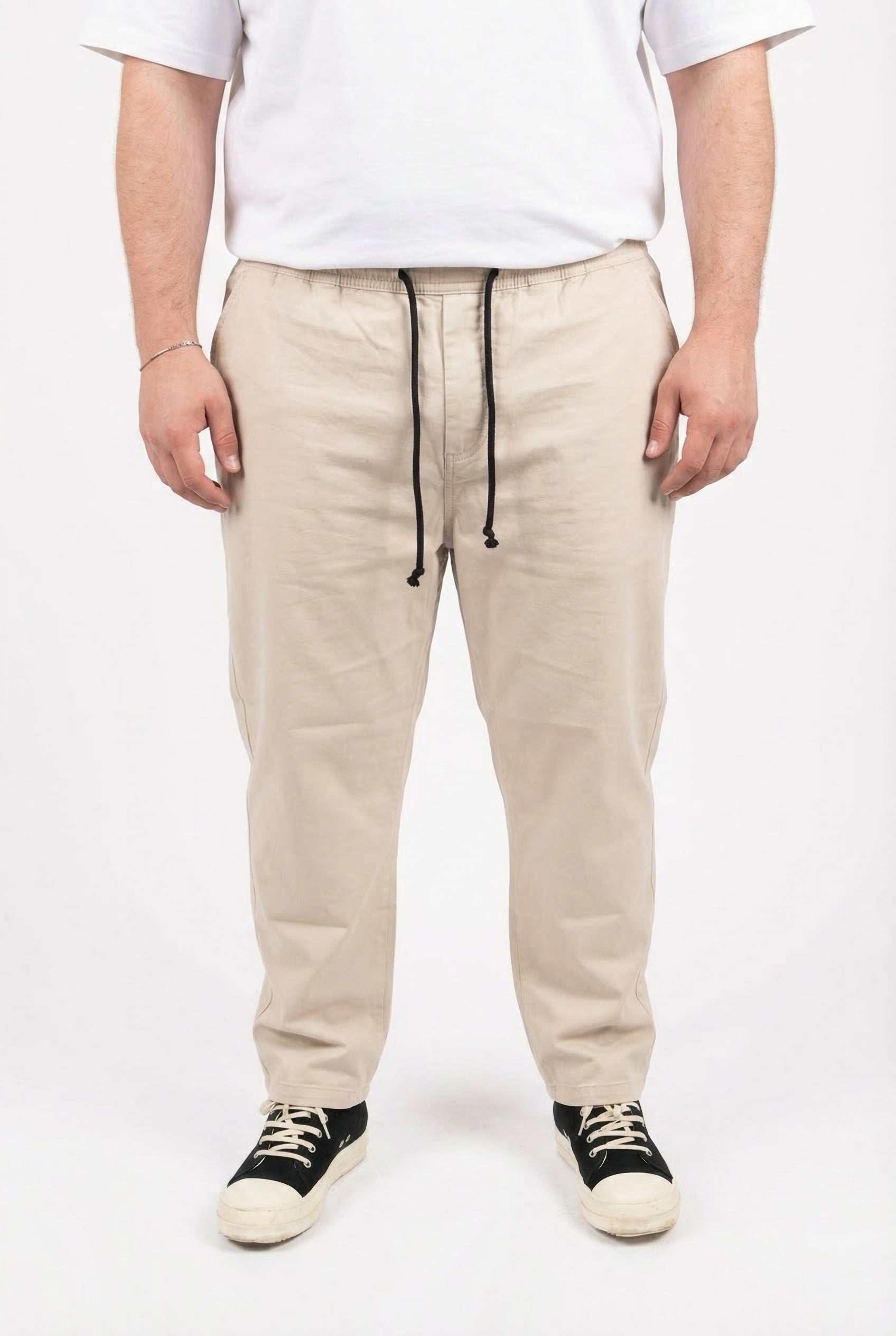 Pantalone Comfy Beige in Gabardina con Molla in Vita Taglie Forti