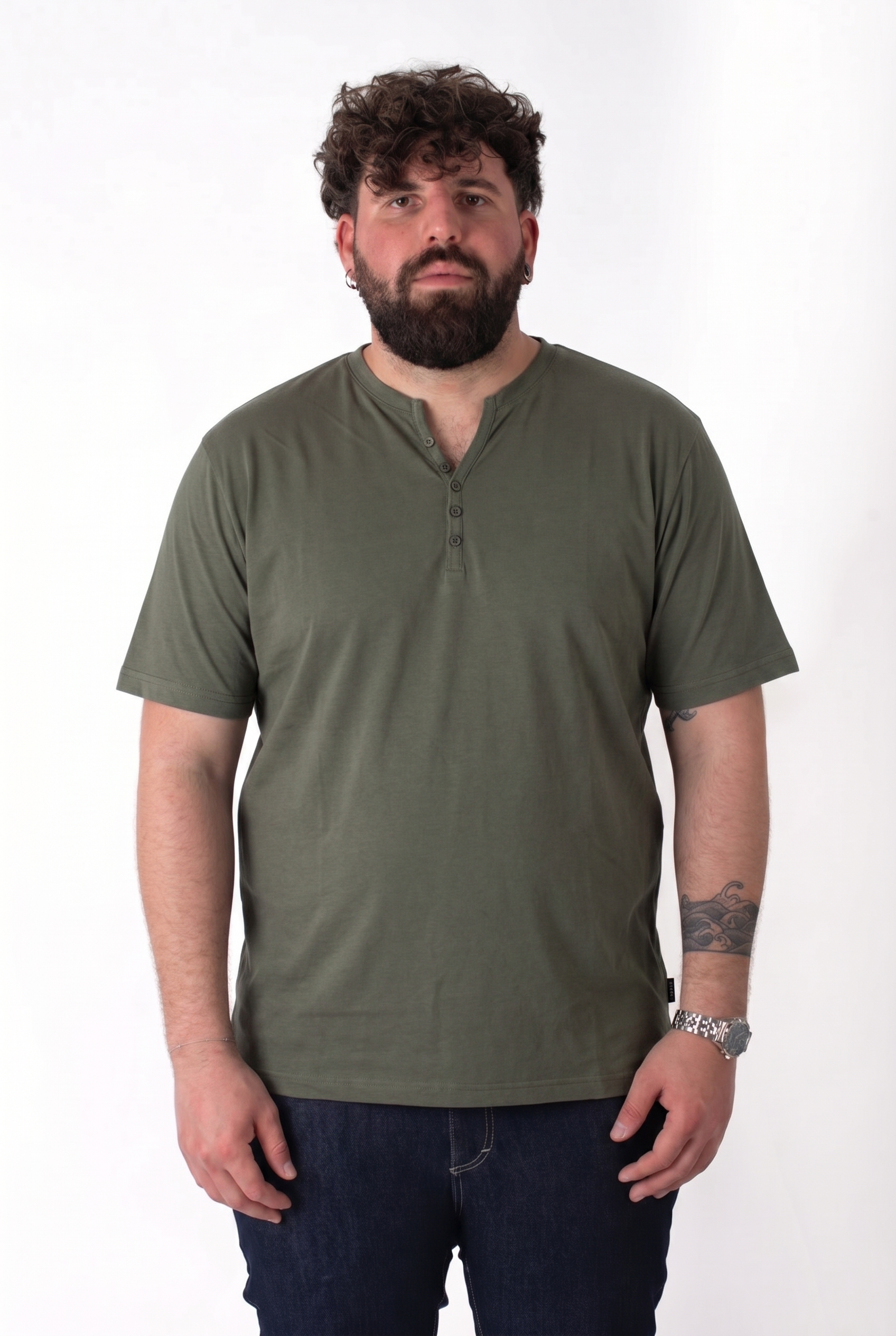 T-Shirt Serafino Verde Militare Basic Summer Uomo Taglie Forti