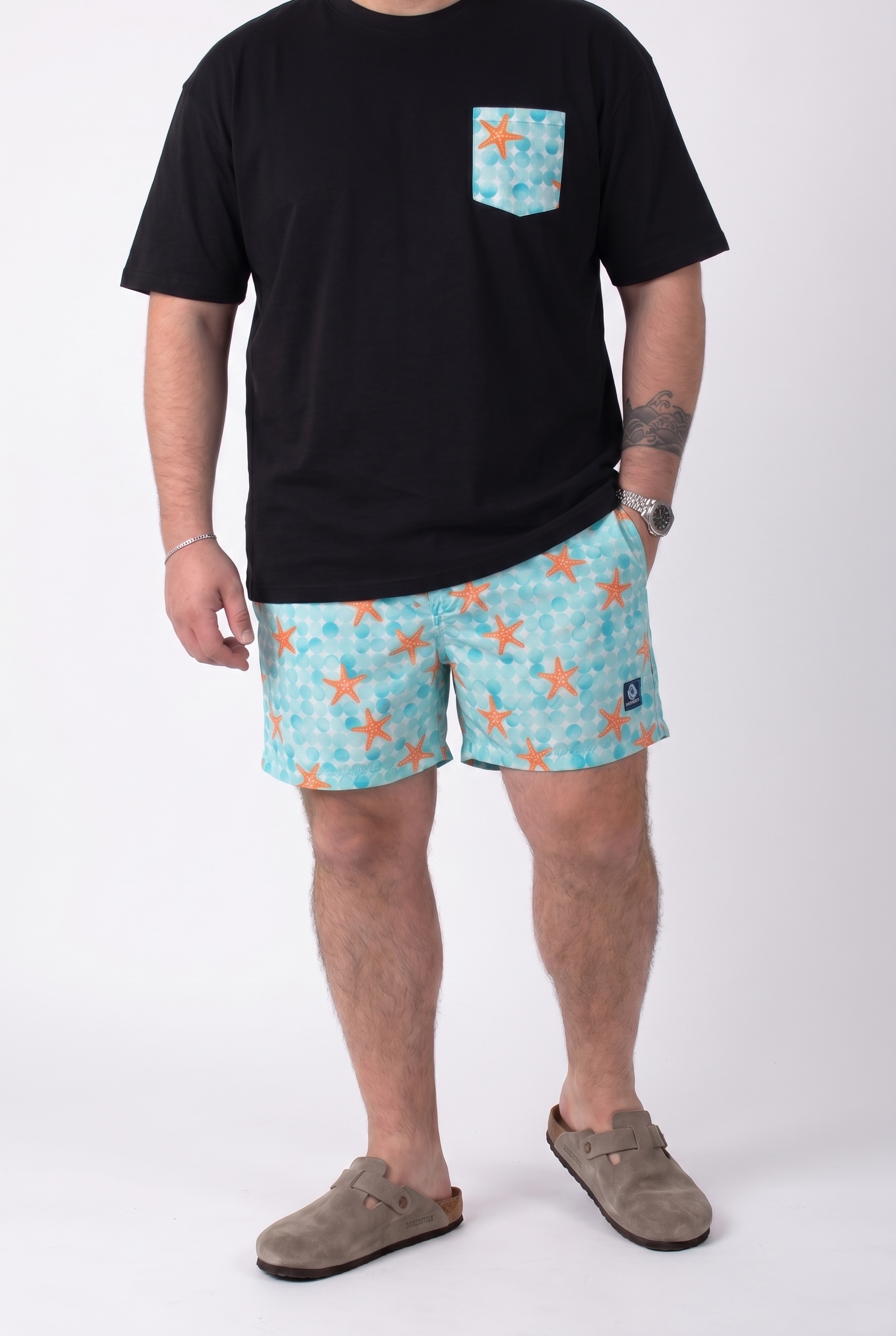 Costume da Bagno Fantasia Stelle Marine Azzurro e Arancio Uomo Taglie Forti