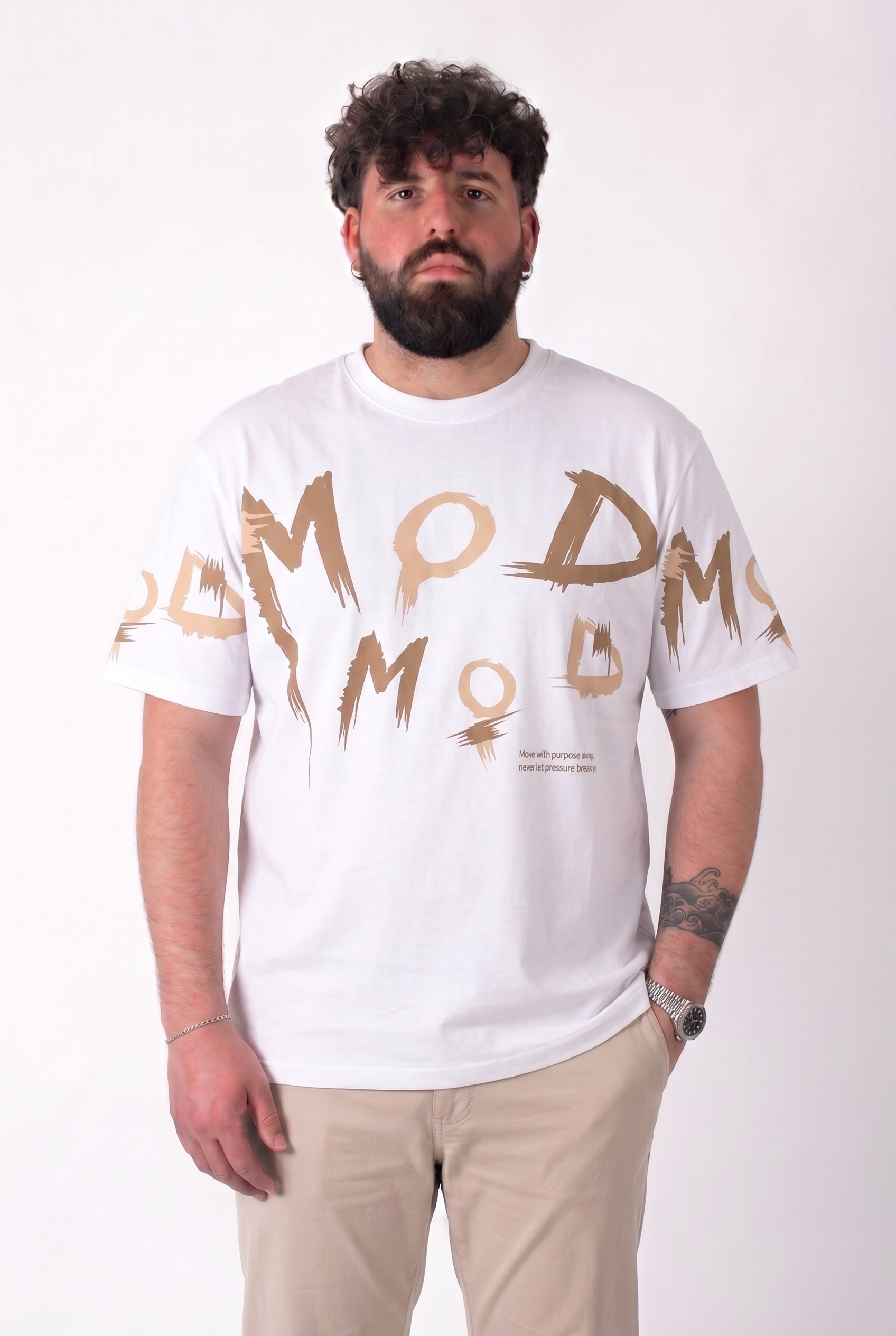 T-Shirt Bianca "Move with Purpose" Stampa Brush Uomo Taglie Forti