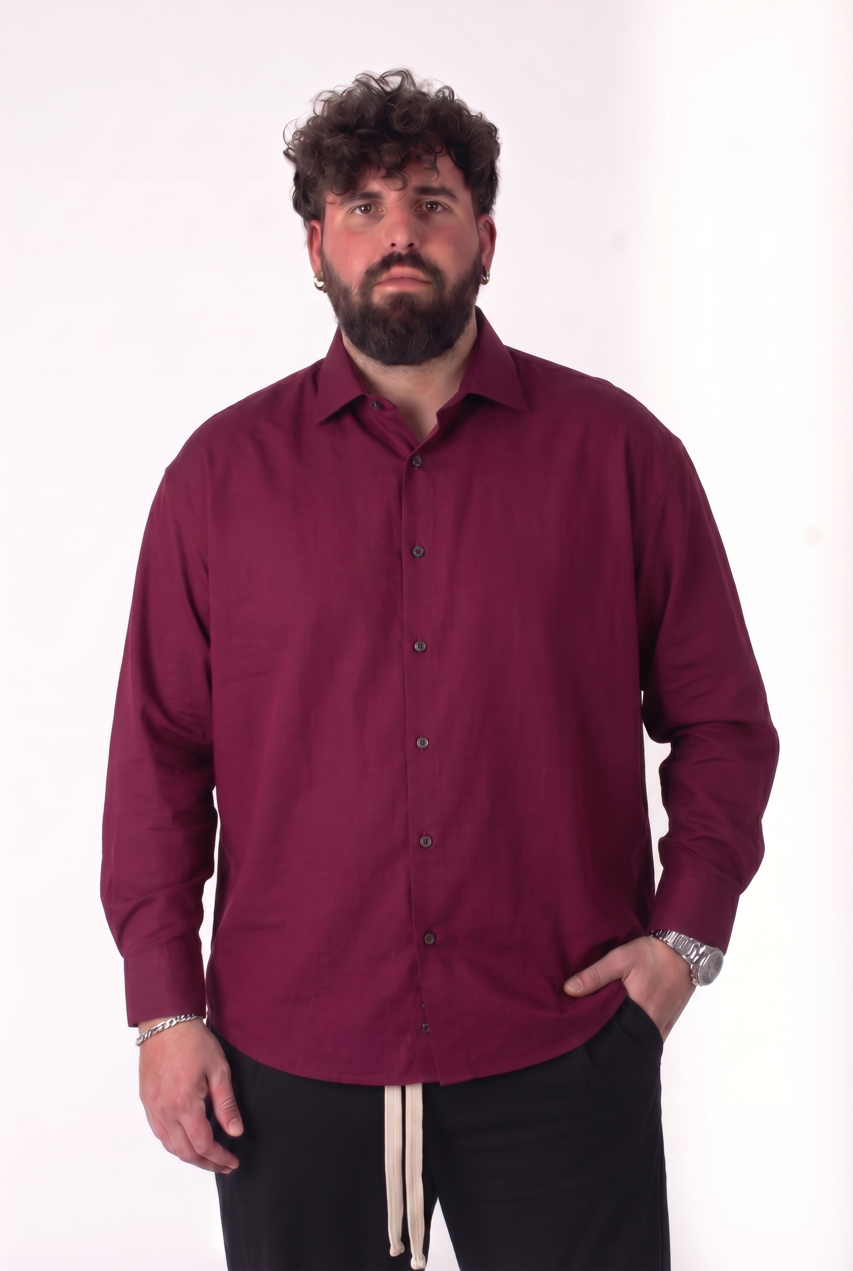 Camicia in Cotone Bordeaux Colletto Classico Uomo Taglie Forti