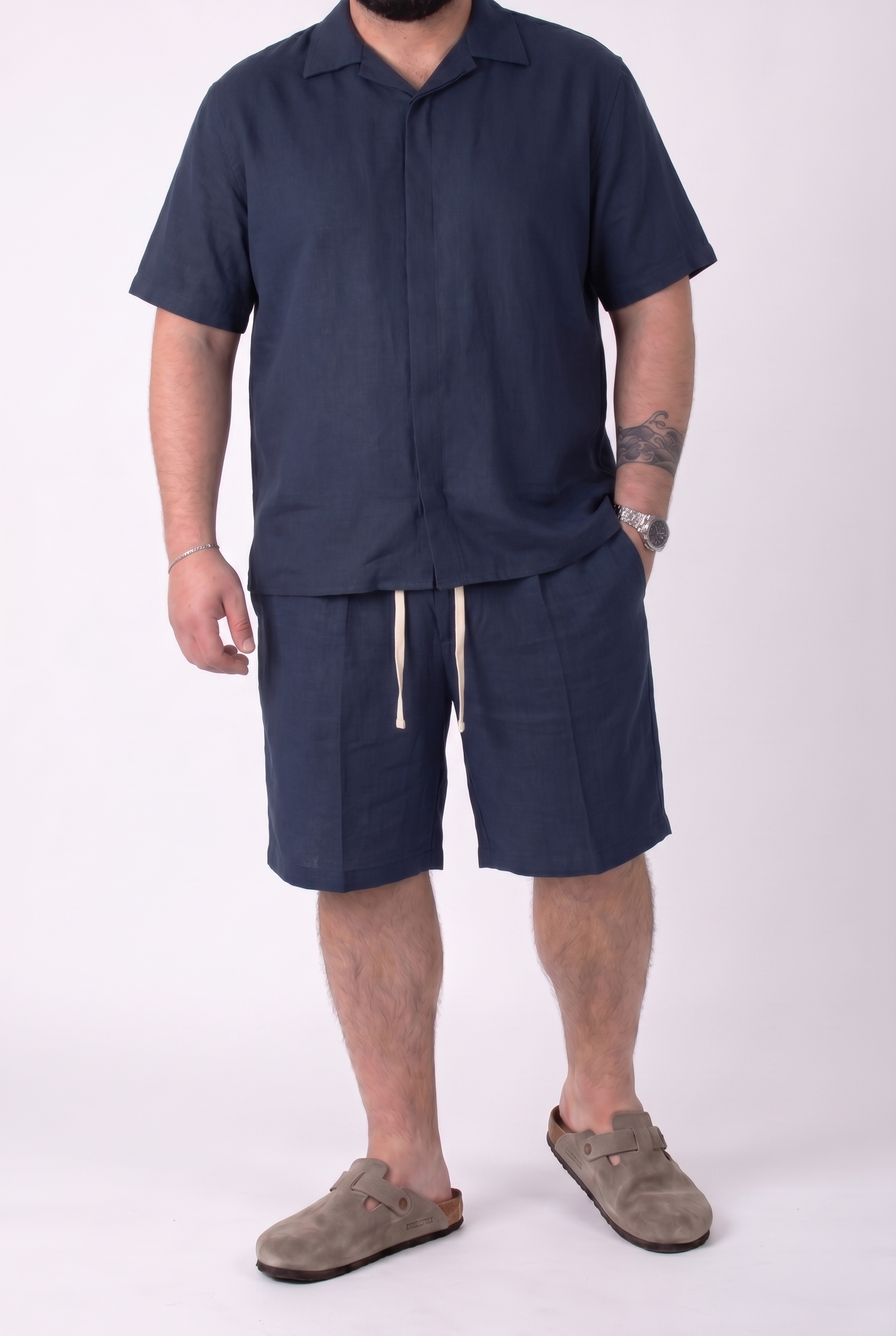 Bermuda Fuerteventura Blu Navy in Lino con Molla in vita e Laccio Uomo Taglie Forti