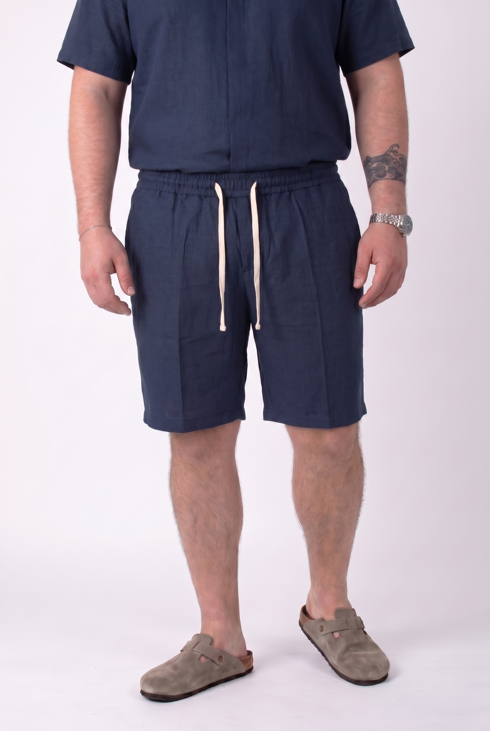 Bermuda Fuerteventura Blu Navy in Lino con Molla in vita e Laccio Uomo Taglie Forti