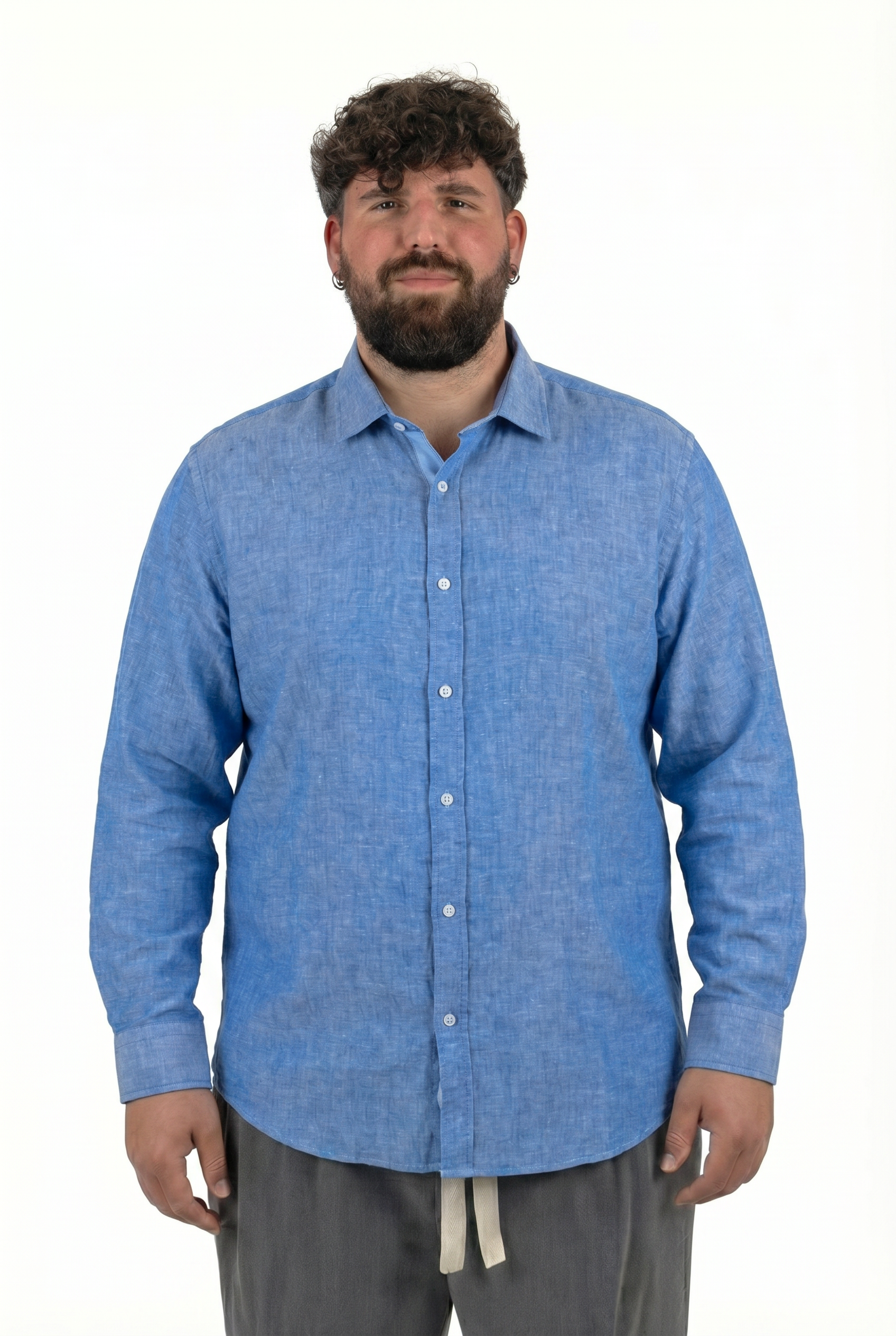 Camicia in Lino Azzurra Colletto Classico Manica Lunga Uomo Taglie Forti