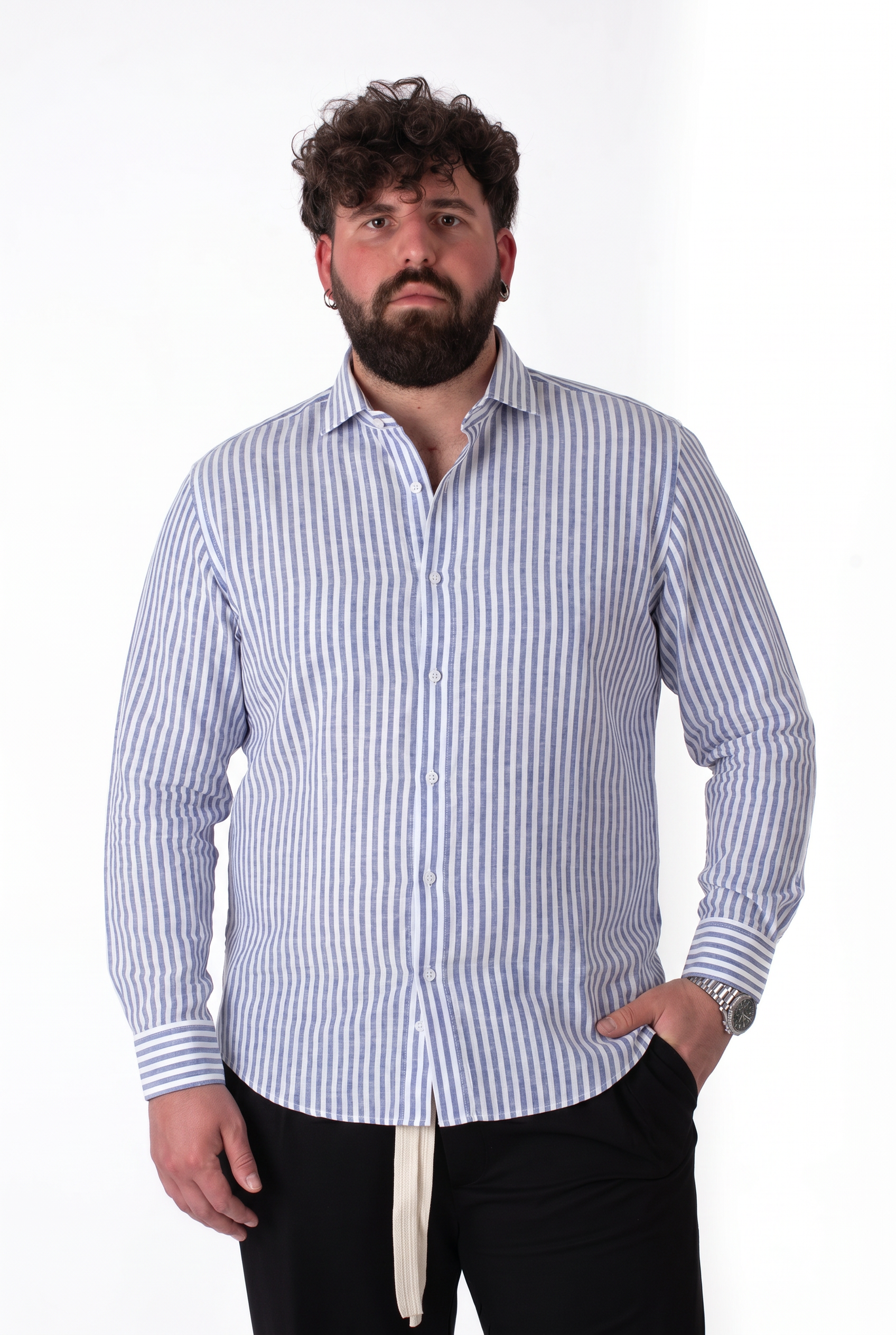 Camicia in Lino a Righe Blu e Bianche Colletto Classico Uomo Taglie Forti