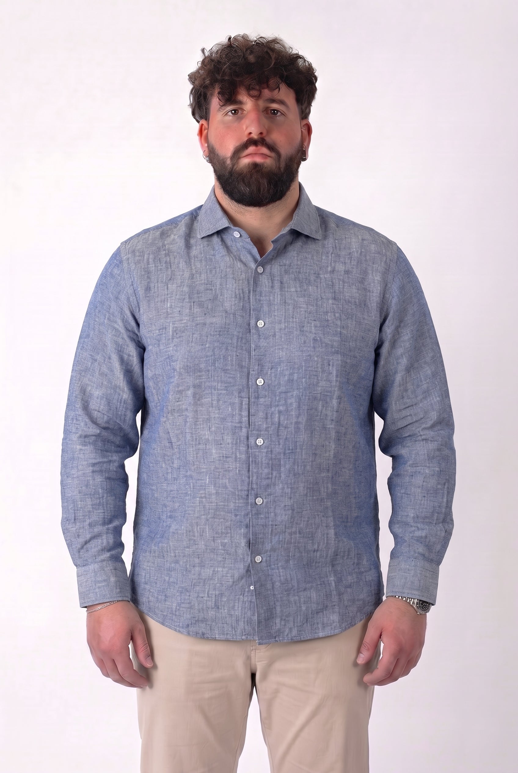 Camicia in Lino Blu Colletto Classico Manica Lunga Uomo Taglie Forti