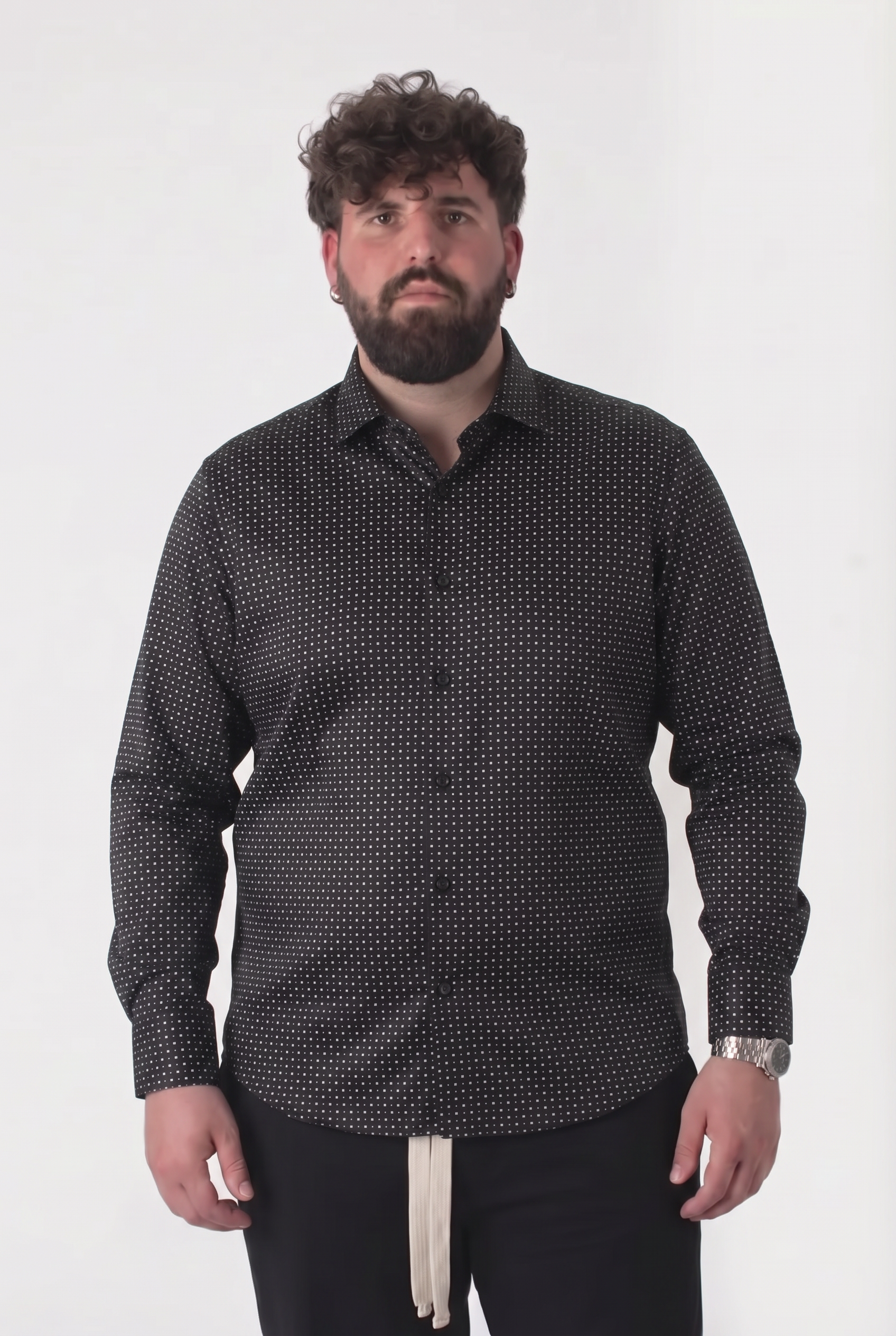 Camicia Nera Microfantasia Quadratini Bianchi Colletto Classico Uomo Taglie Forti