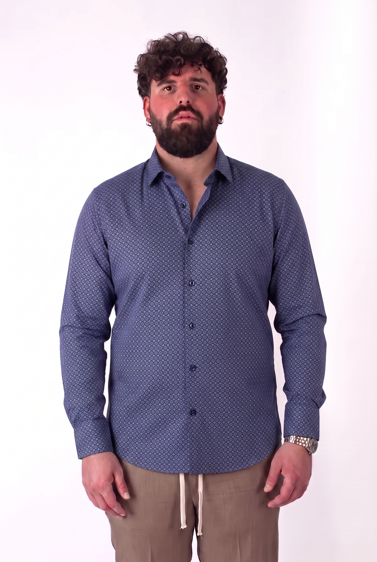 Camicia Fantasia Geometrica Blu Navy Colletto Classico Uomo Taglie Forti