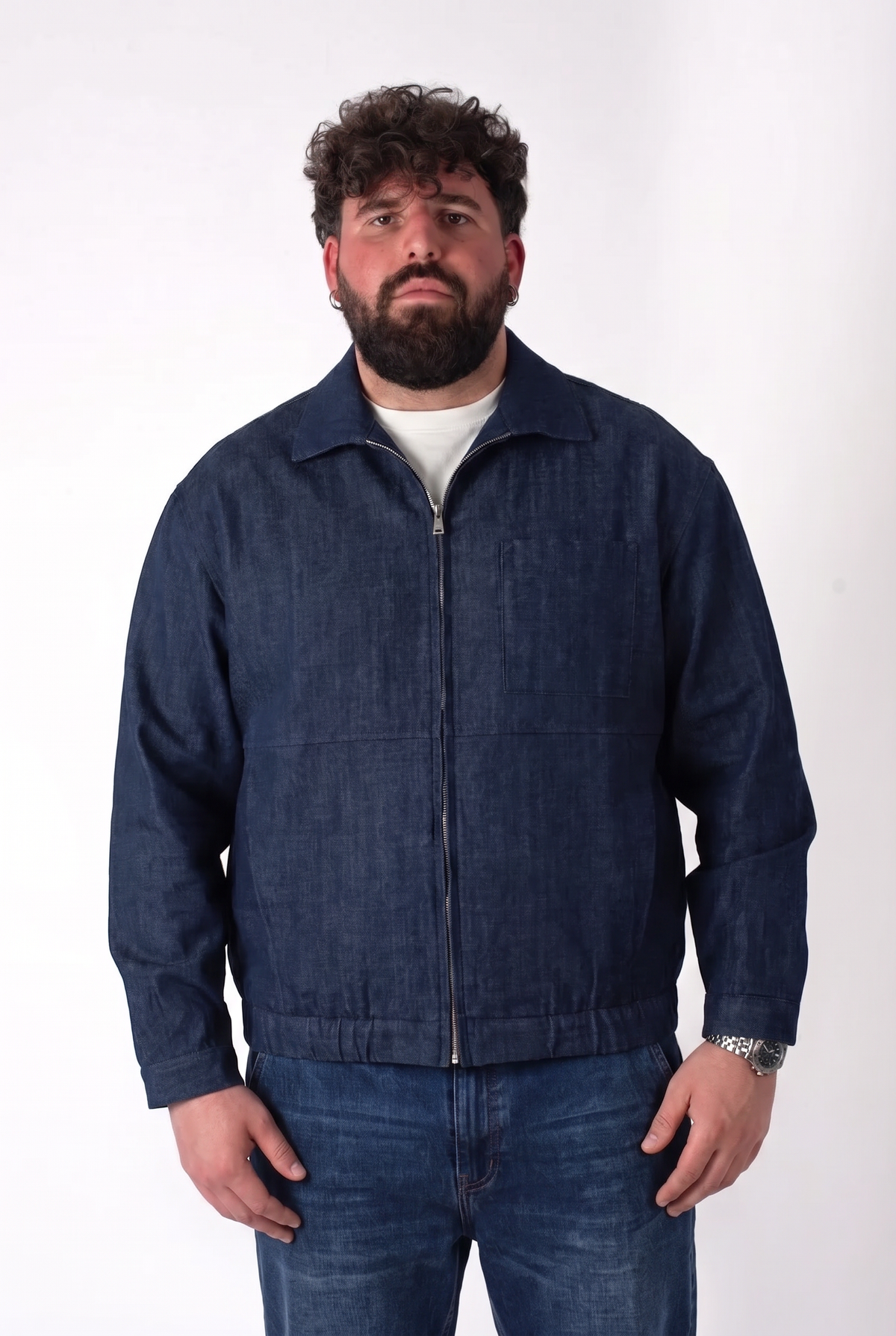 Giacca Chicago in Denim Blu Scuro con Zip Uomo Taglie Forti