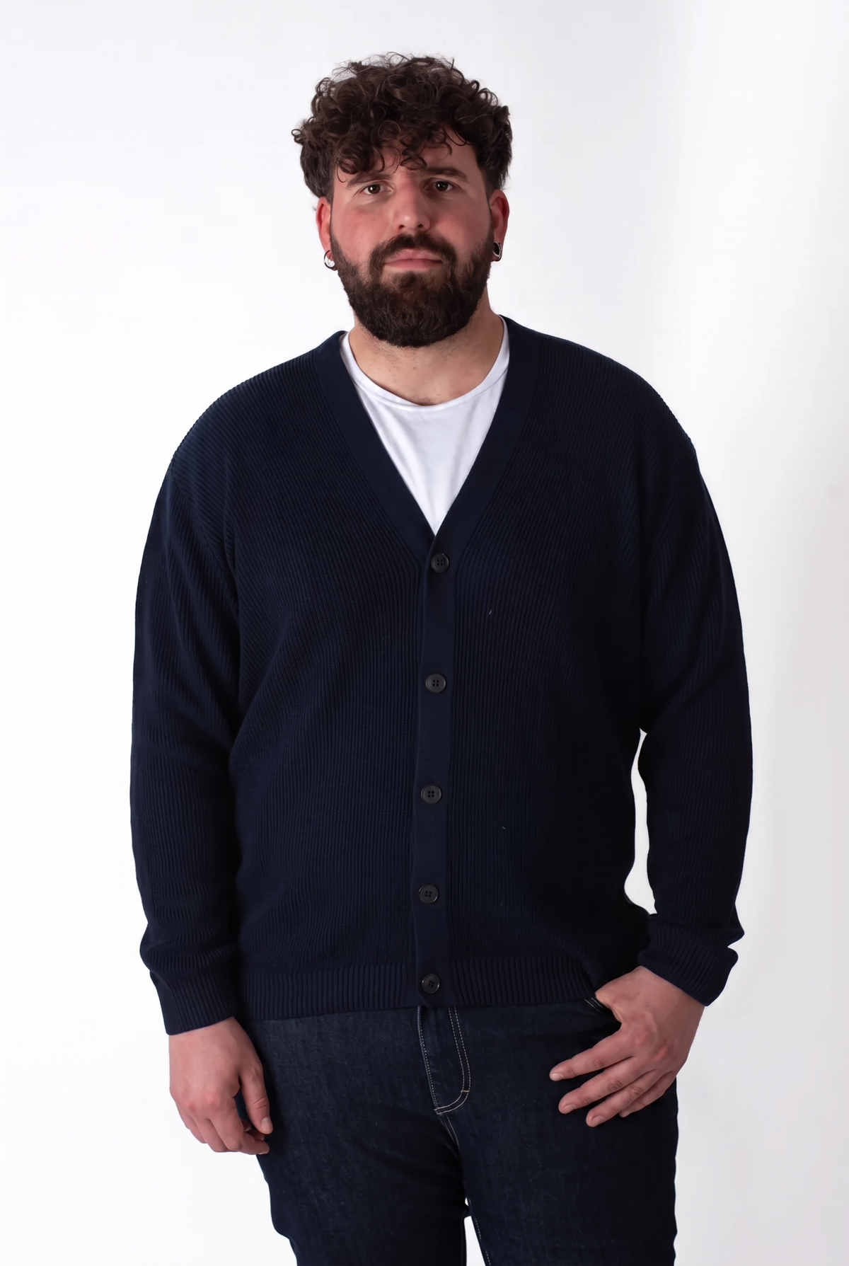 Cardigan Blu Navy a Costine Scollo a V con Bottoni Uomo Taglie Forti