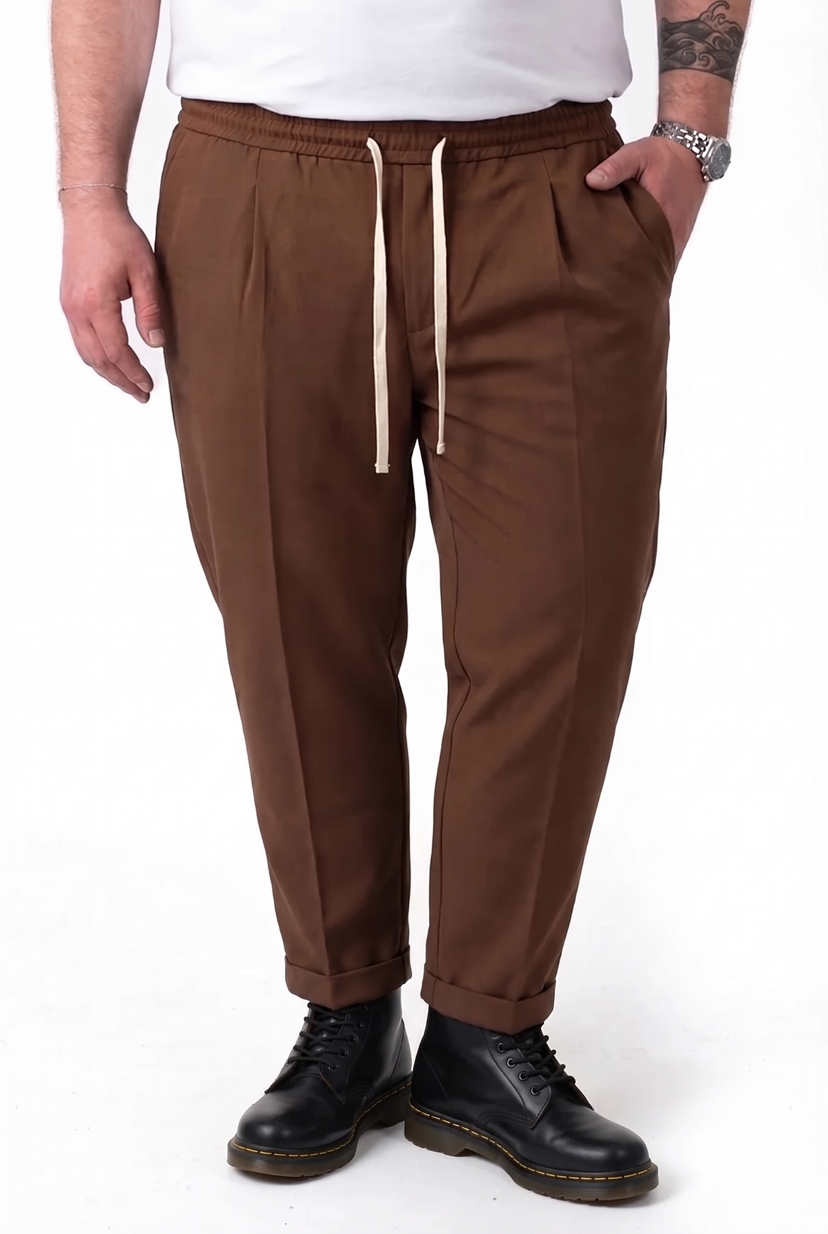 Pantalone Nassau Marrone con Bustino in Molla e Pinces Uomo Taglie Forti