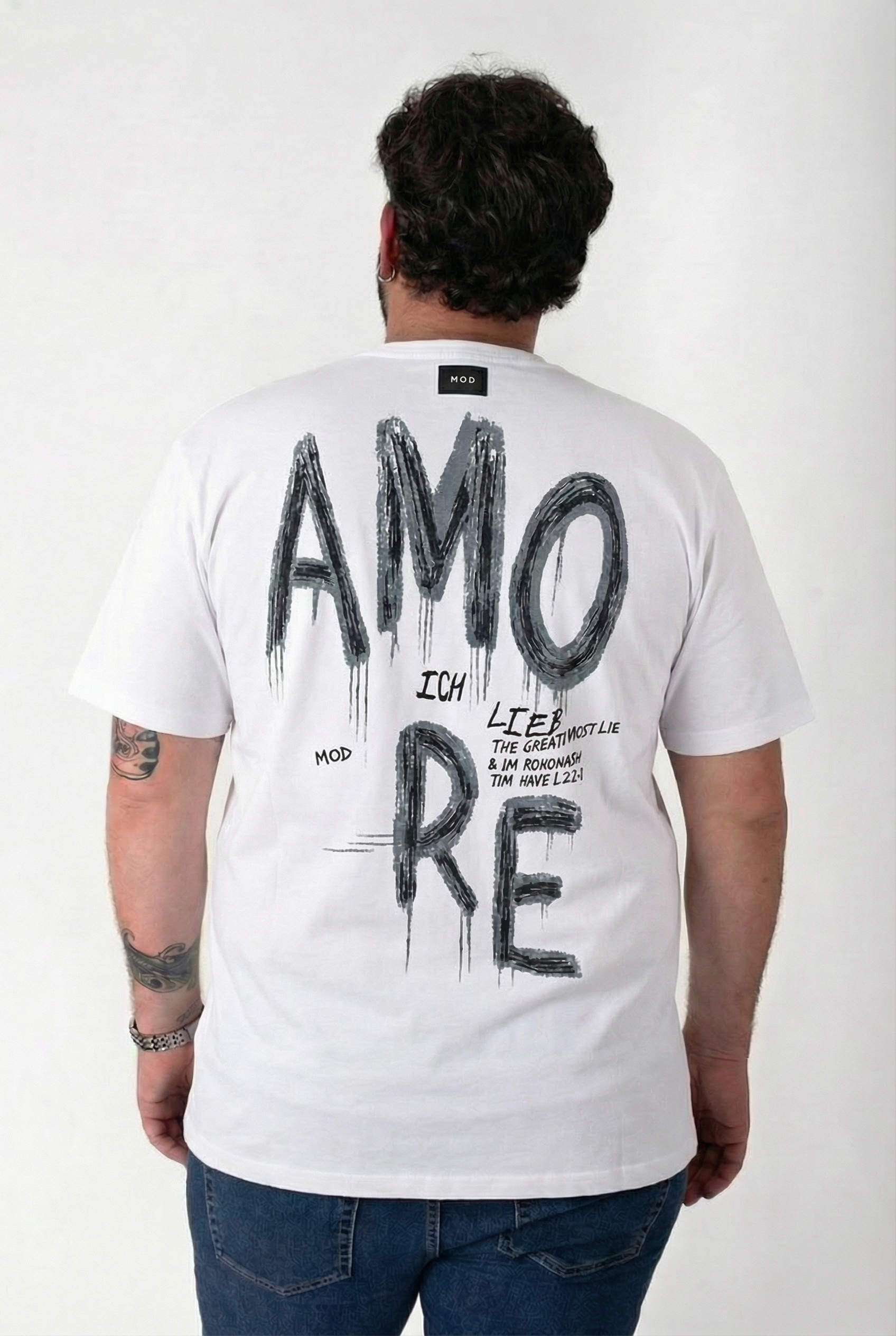 T-Shirt Bianca "Amore" Stampa Graffiti Retro Uomo Taglie Forti