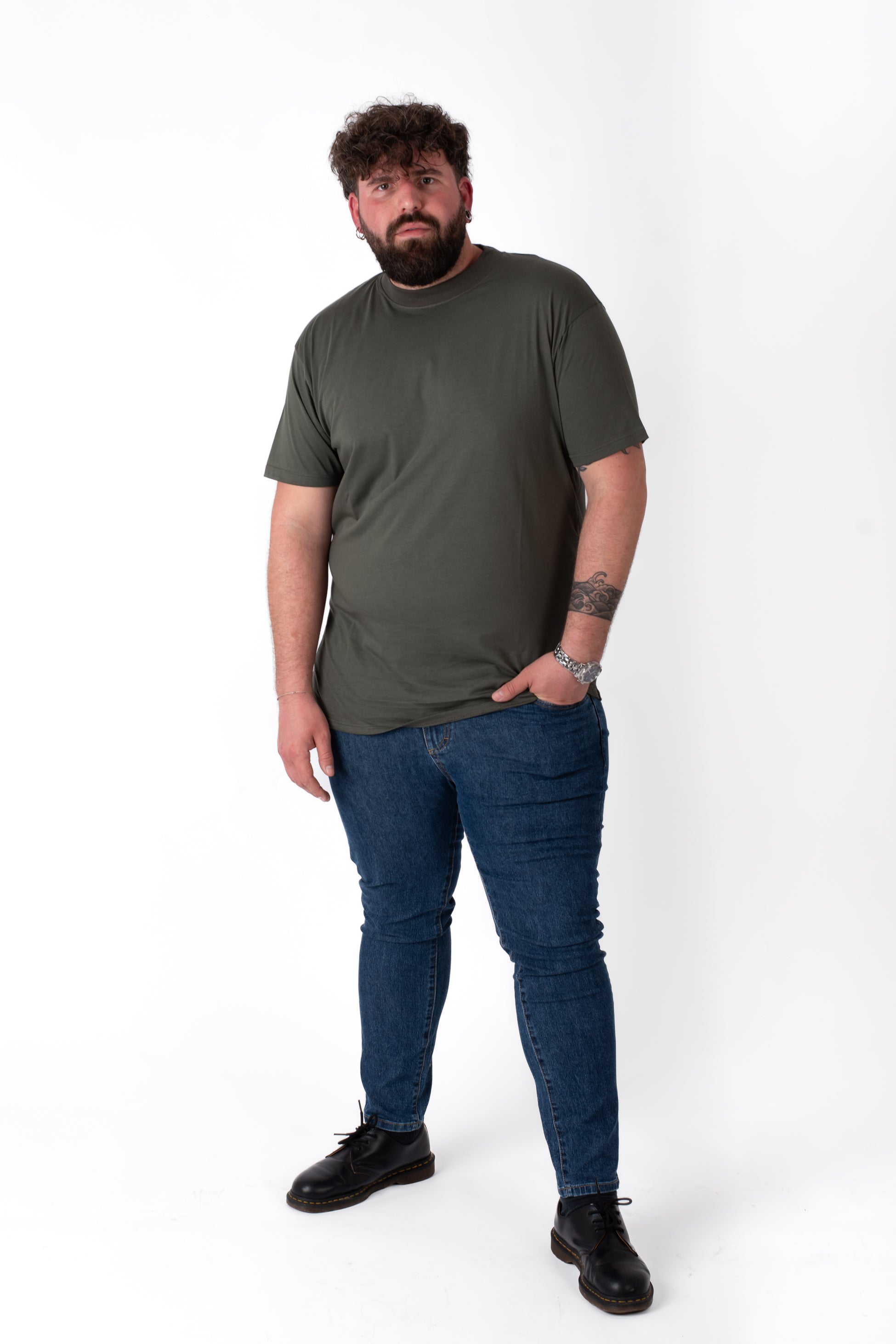 T-Shirt Verde Militare Colletto In Costina Basic Uomo Taglie Forti