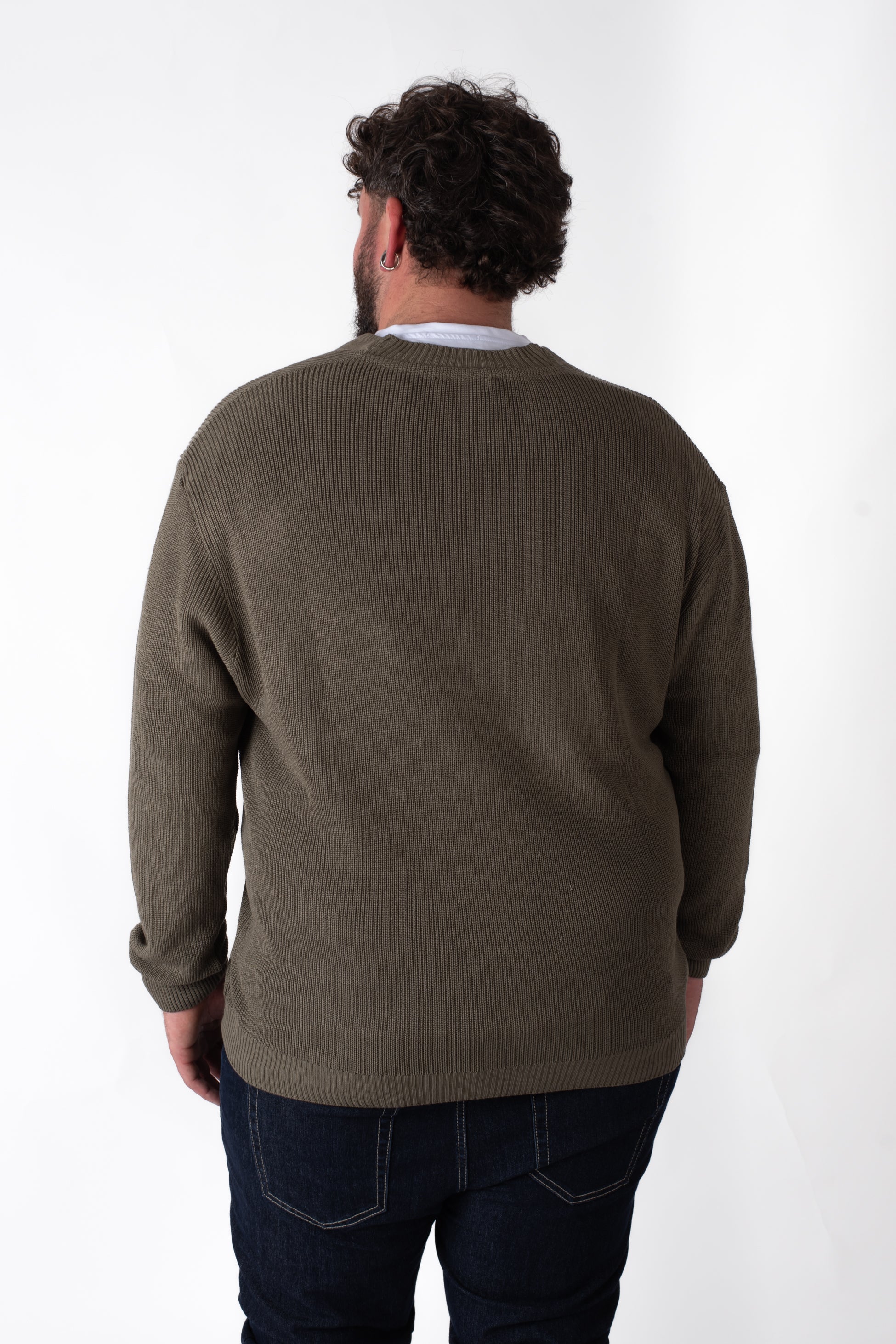 Retro Cardigan verde militare maglia a coste con bottoni taglie forti uomo su modello
