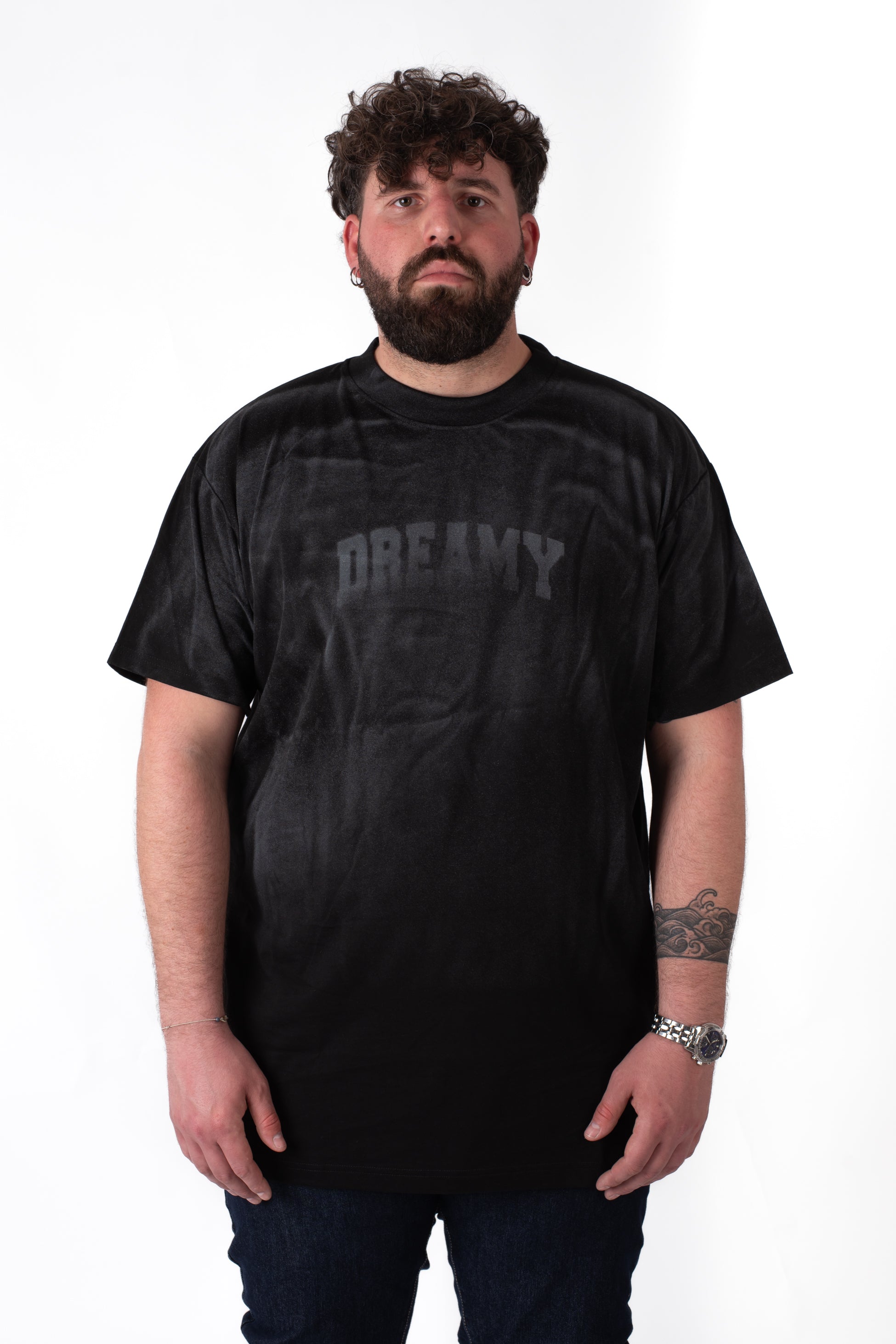 T-shirt nera Dreamy effetto washed streetwear taglie forti uomo, vista frontale