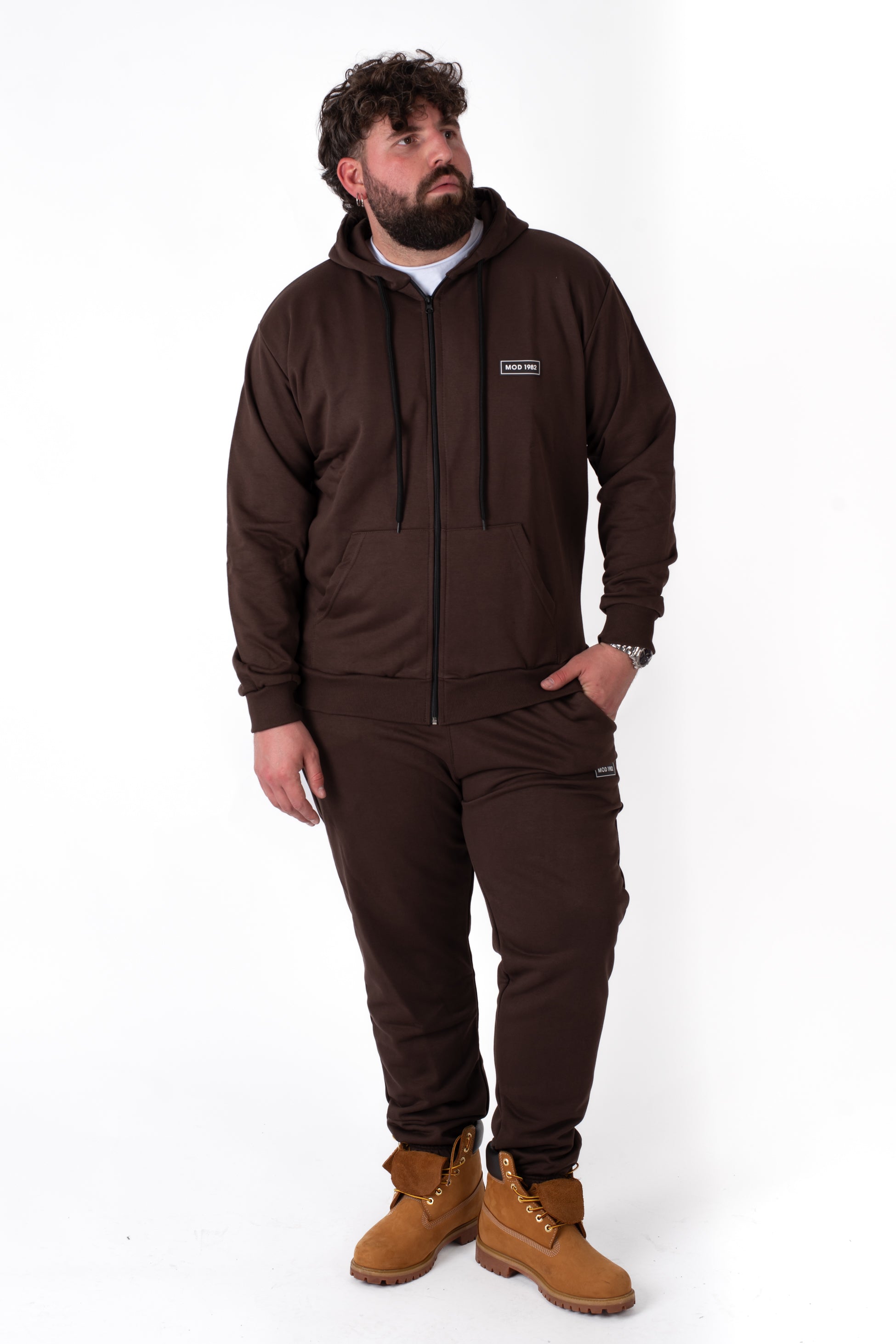 Felpa Sporty con Zip e Cappuccio Marrone Uomo Taglie Forti