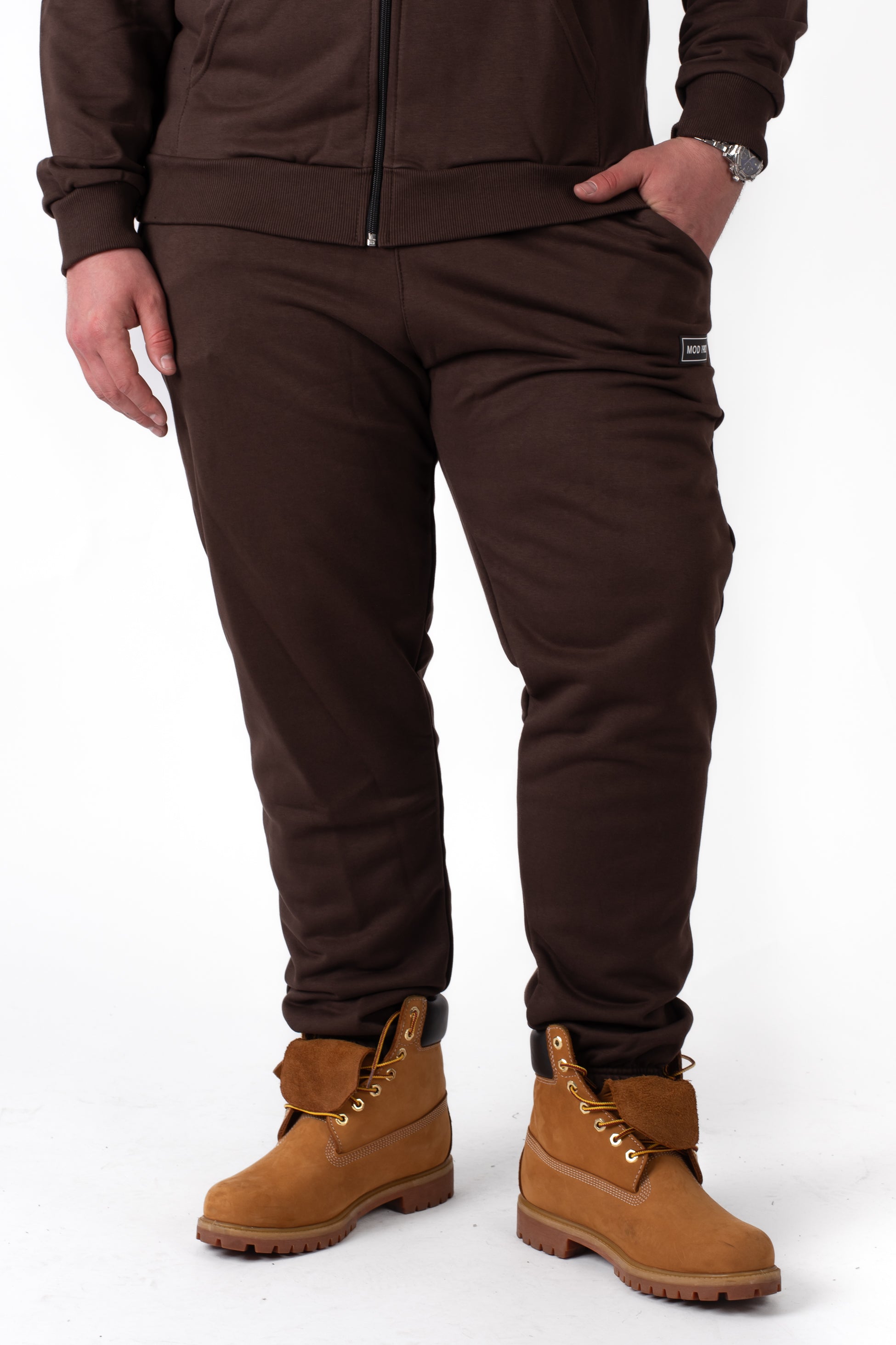 Pantaloni tuta marroni cotone felpato jogger taglie forti uomo con felpa zip coordinata