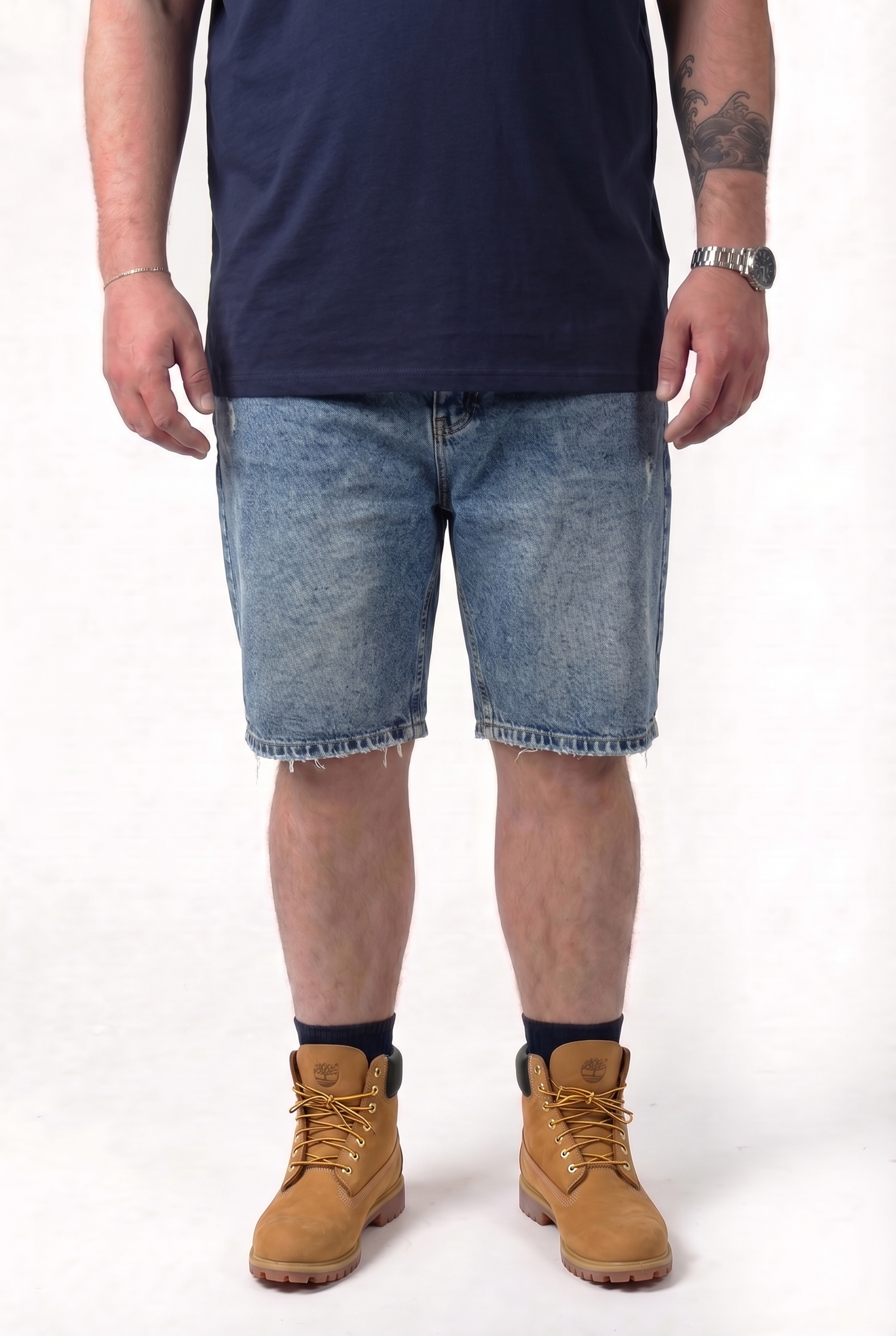 Bermuda Jeans Chiaro Washed Orlo Sfrangiato Uomo Taglie Forti