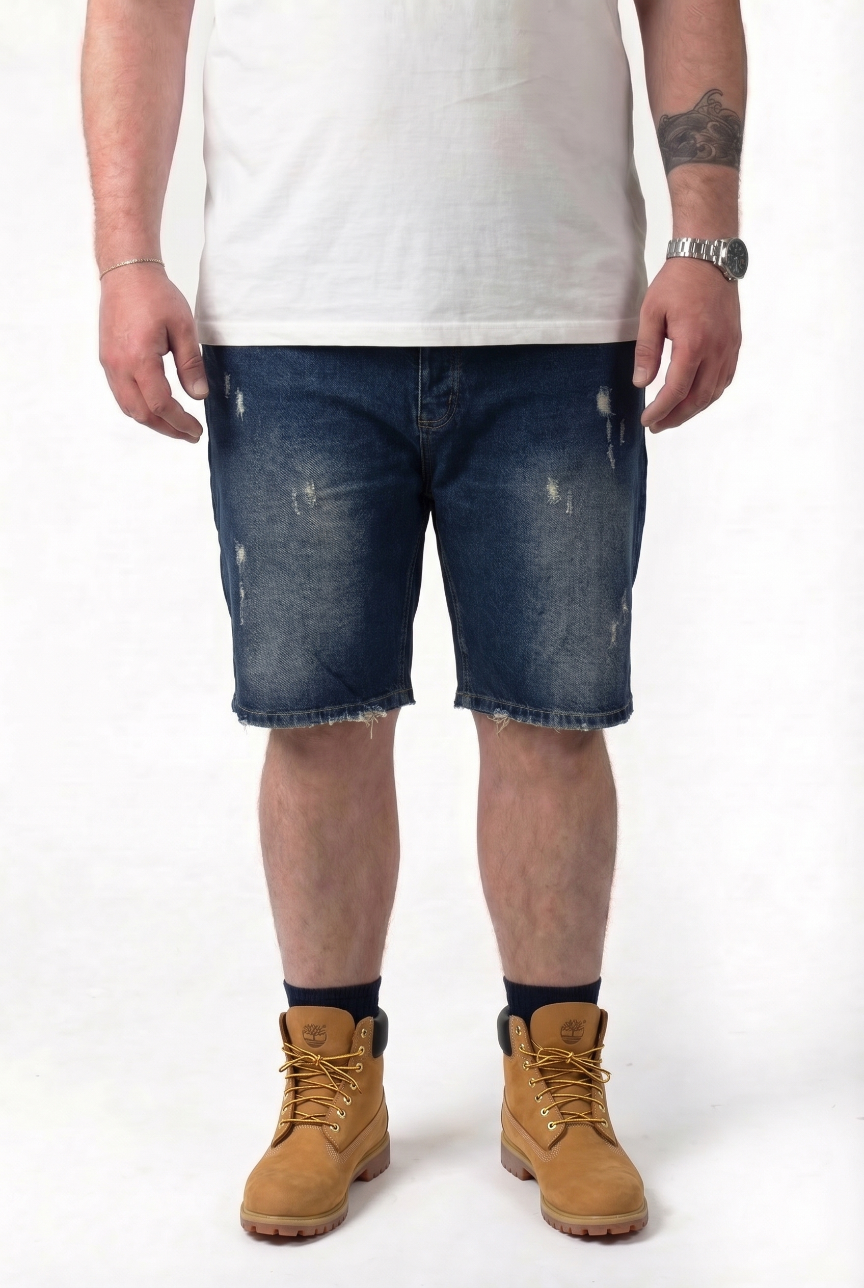 Bermuda Jeans Blu Scuro con Abrasioni Orlo Sfrangiato Uomo Taglie Forti