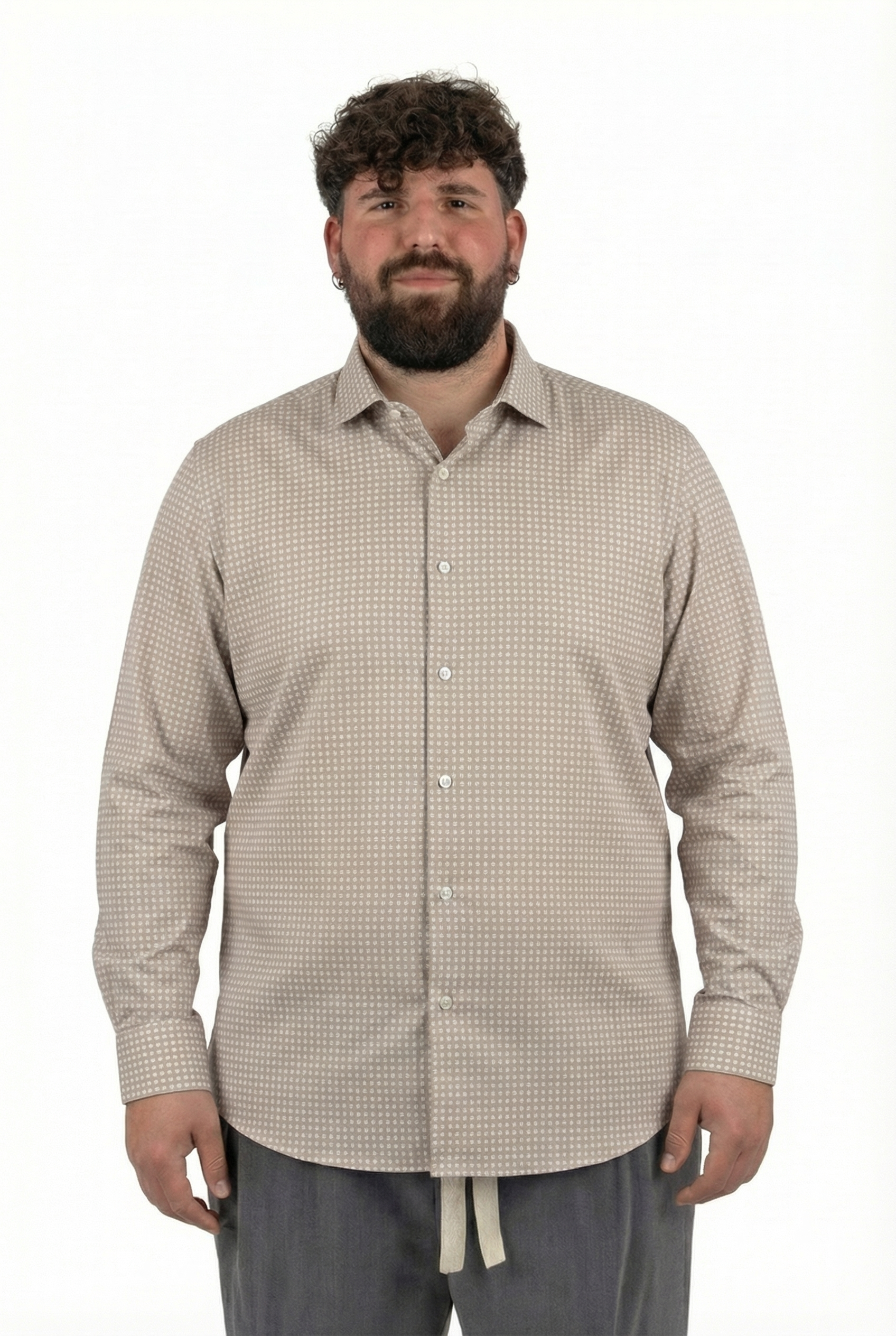 Camicia Beige Cotone Microfantasia Uomo Taglie Forti