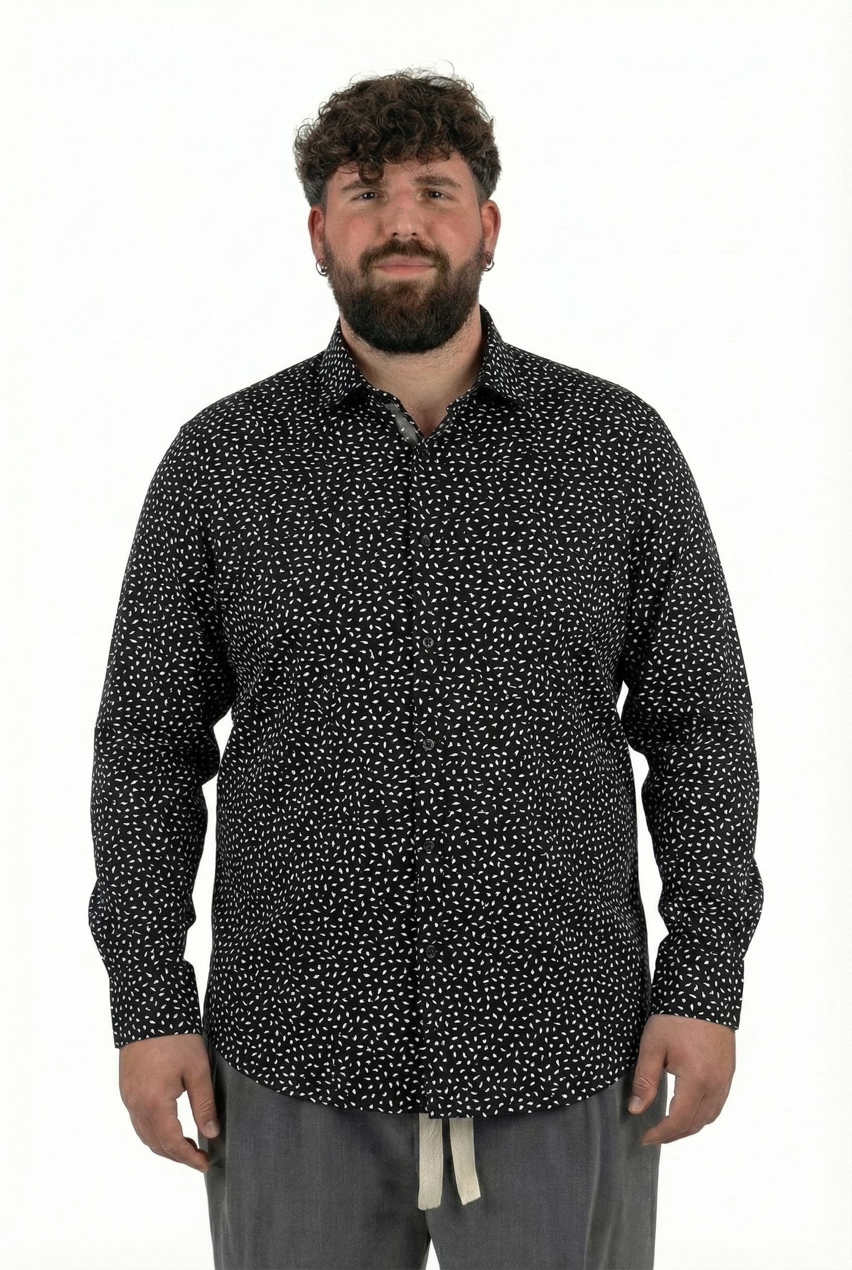 Camicia Nera Cotone Microfantasia Uomo Taglie Forti