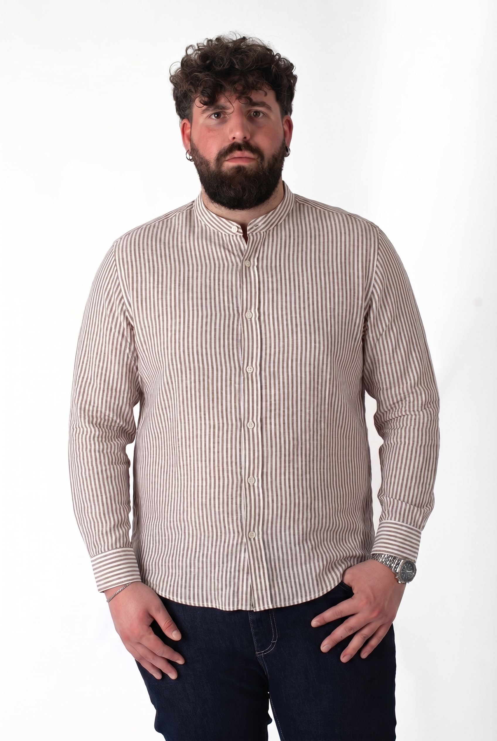 Camicia a Righe Beige e Bianca in Lino Colletto alla Coreana Uomo Taglie Forti