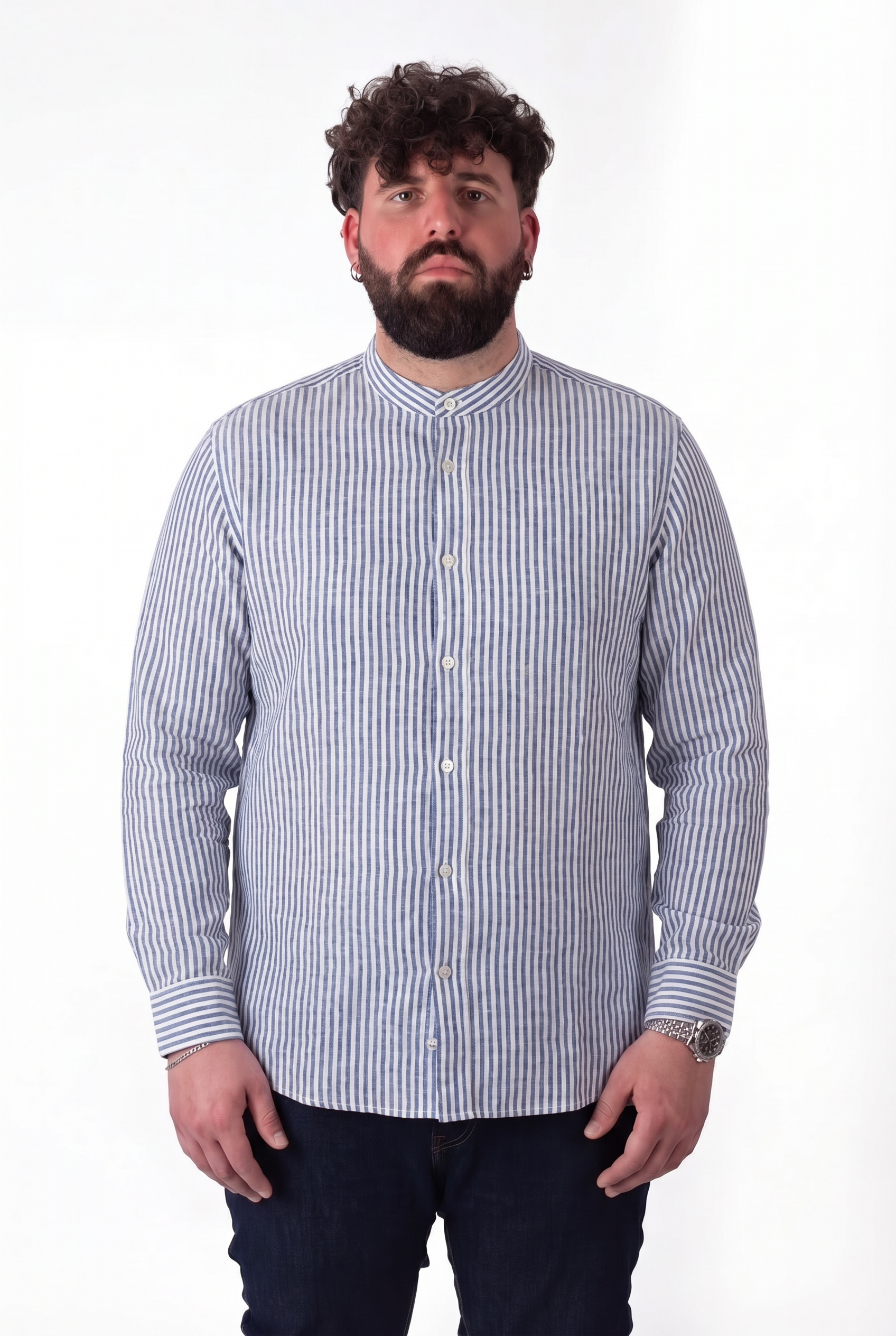 Camicia a Righe Azzurra e Bianca in Lino Colletto alla Coreana Uomo Taglie Forti