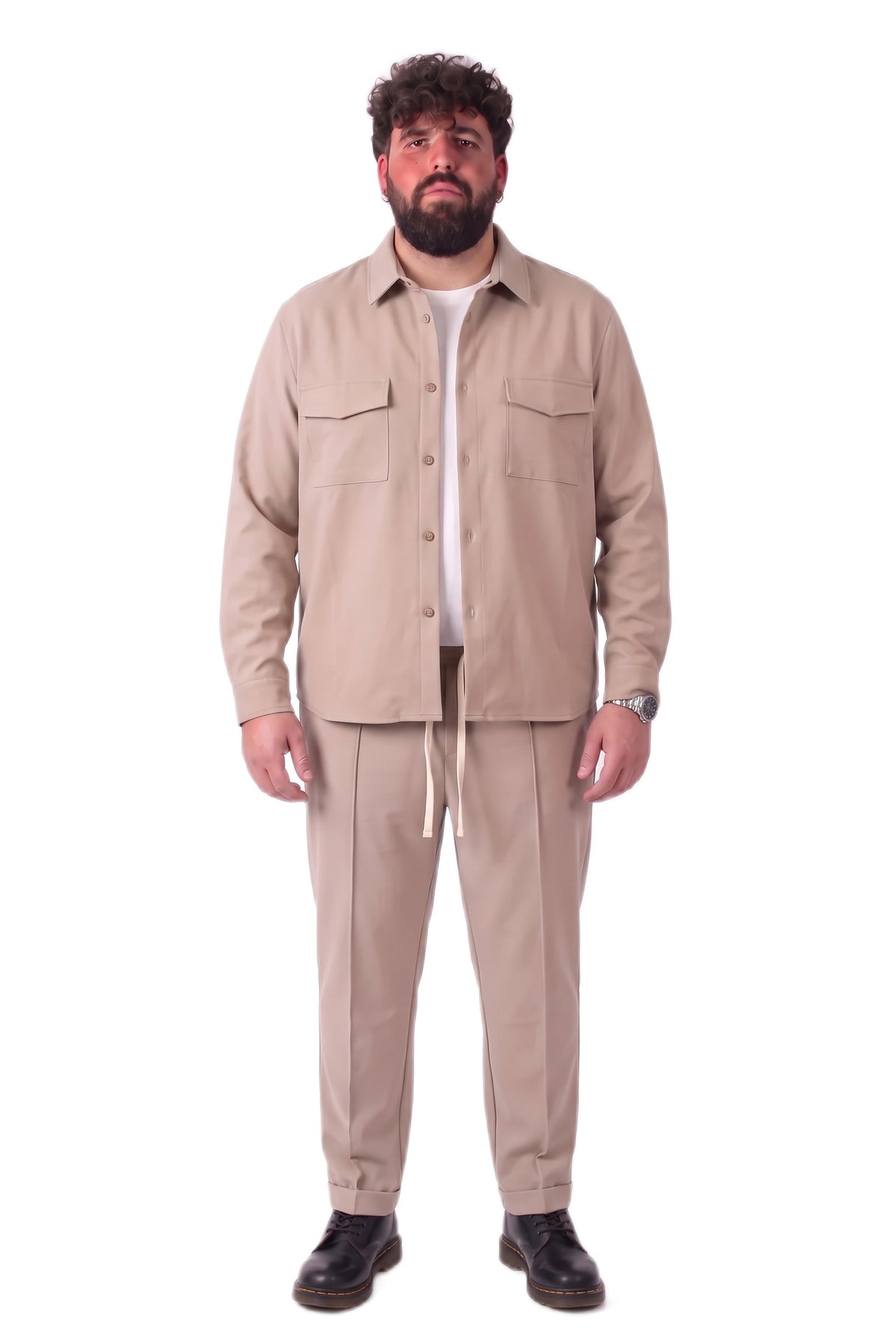 Completo Elegante Osaka Beige Camicia Tasconi e Pantaloni con Pinces Uomo Taglie Forti