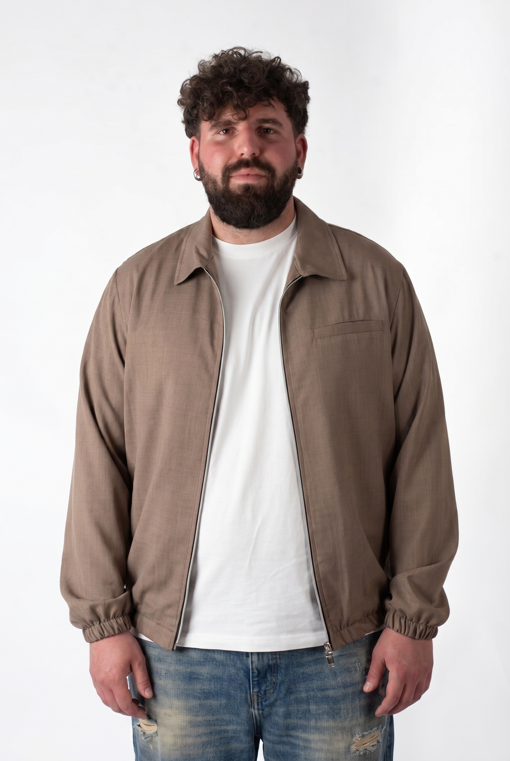 Giacca College Beige con Zip Uomo Taglie Forti