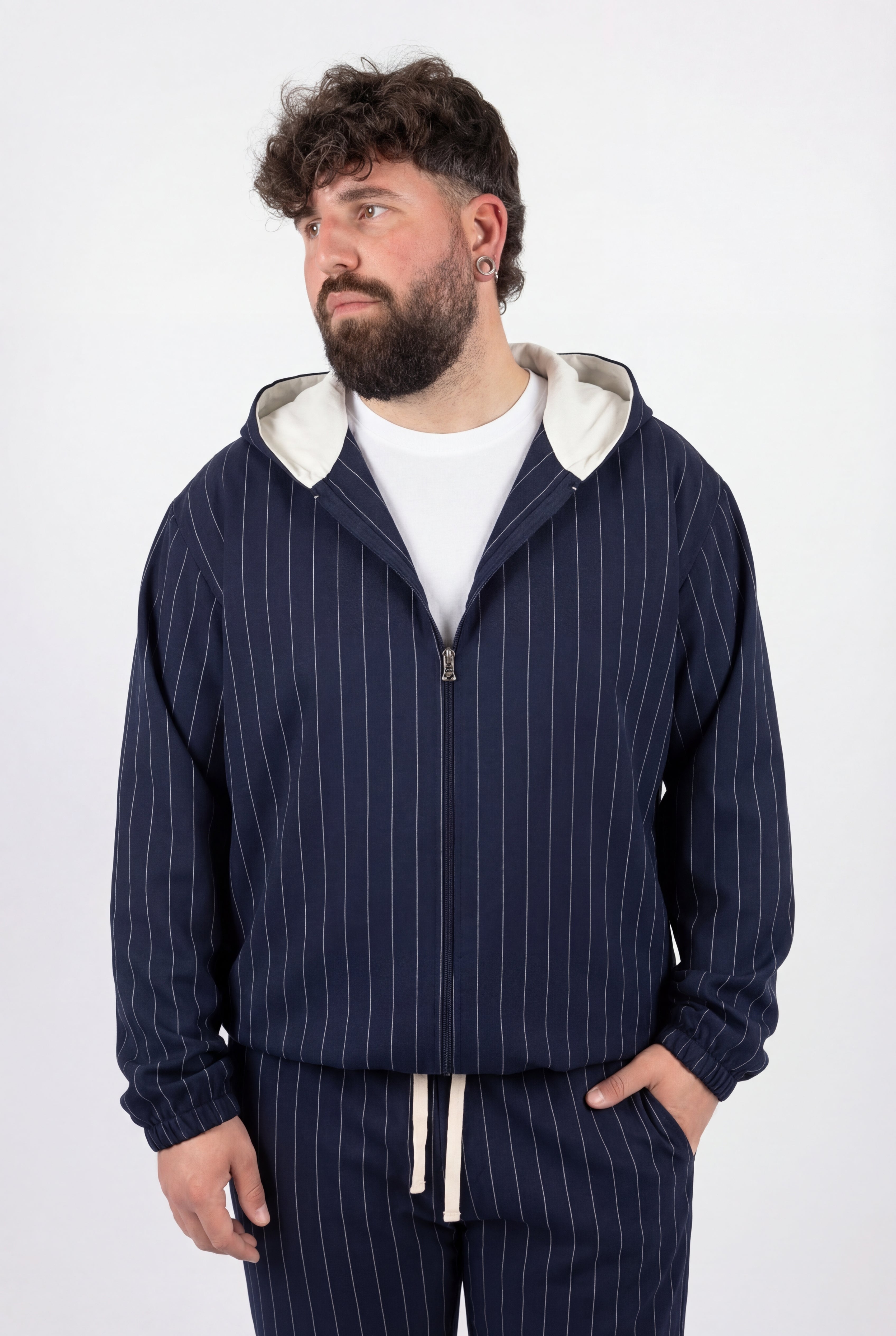 Giacca con Cappuccio Blue Navy Gessata Uomo Taglie Forti