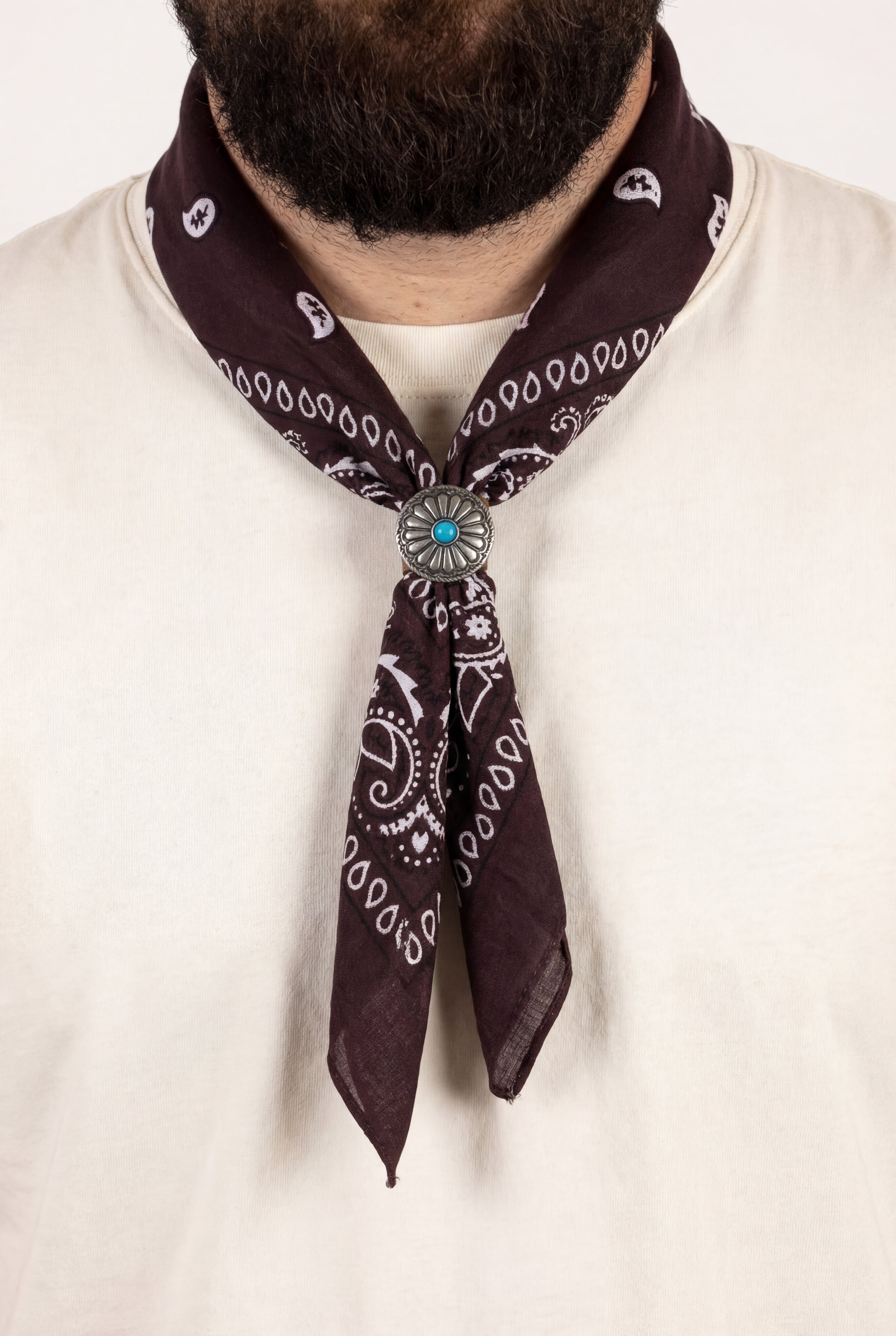 Bandana Marrone Cioccolato Paisley con Fermaglio Pietra Turchese