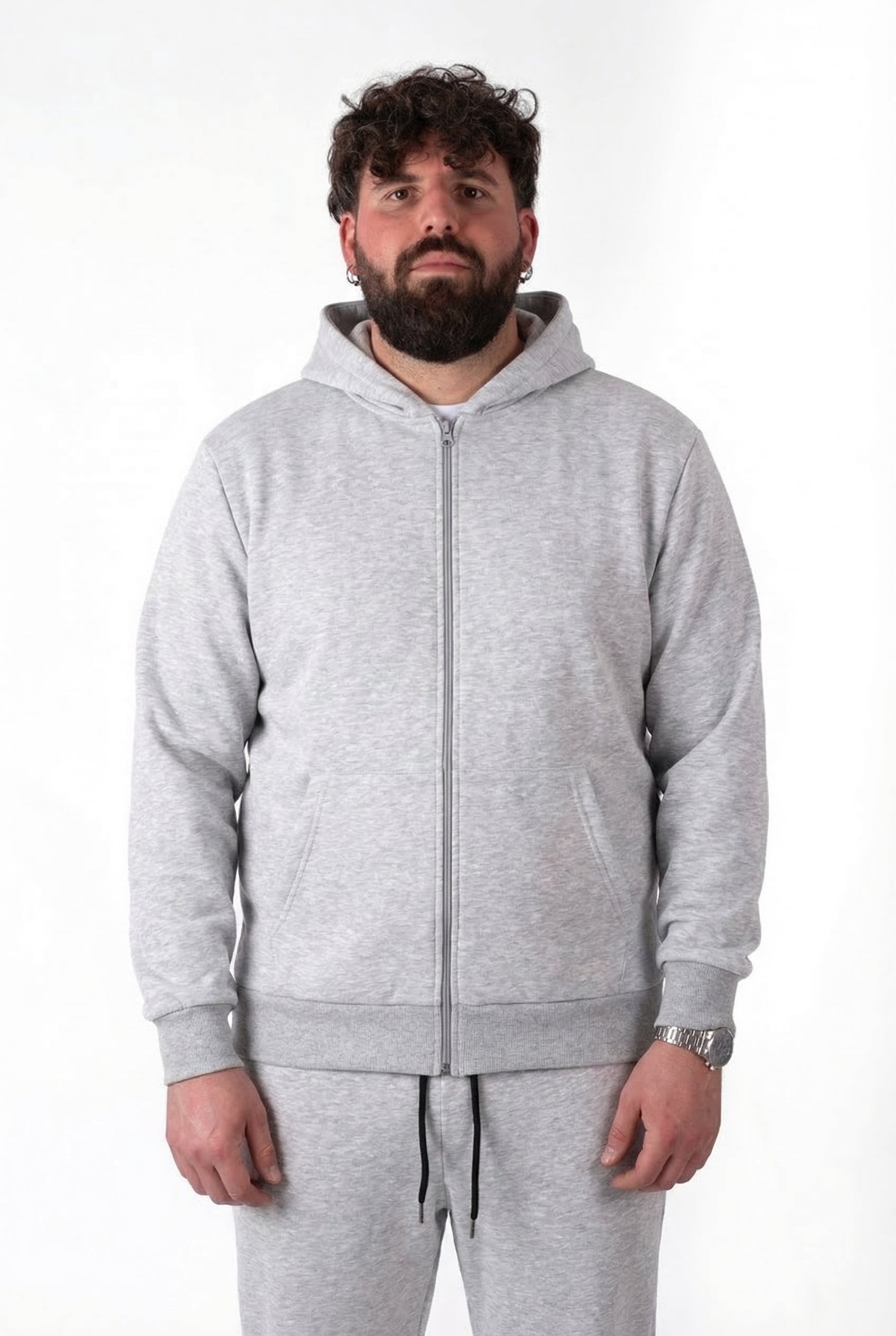 Felpa con Zip e Cappuccio Grigio Melange Uomo Taglie Forti