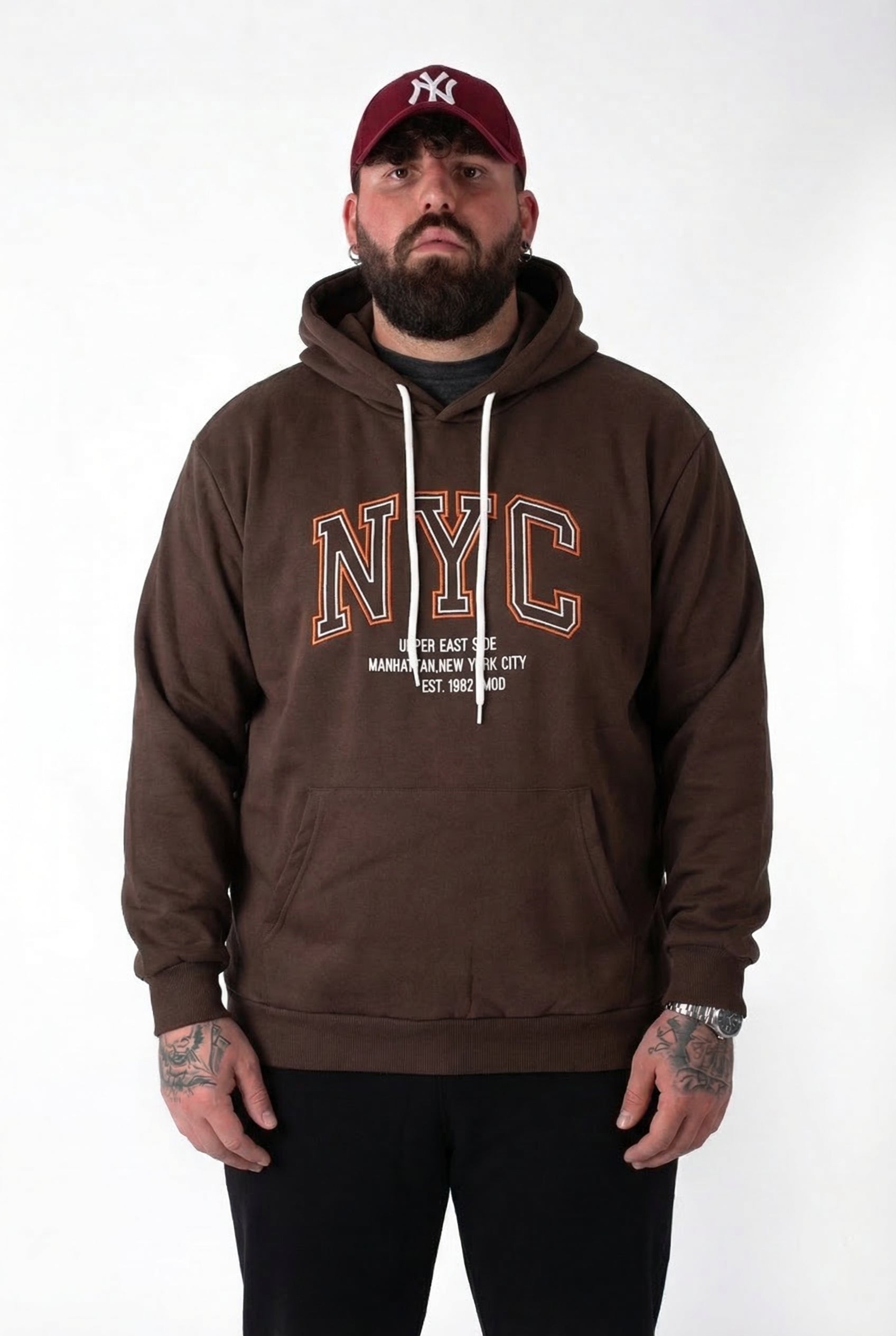 Felpa con Cappuccio Marrone "NYC" Uomo Taglie Forti