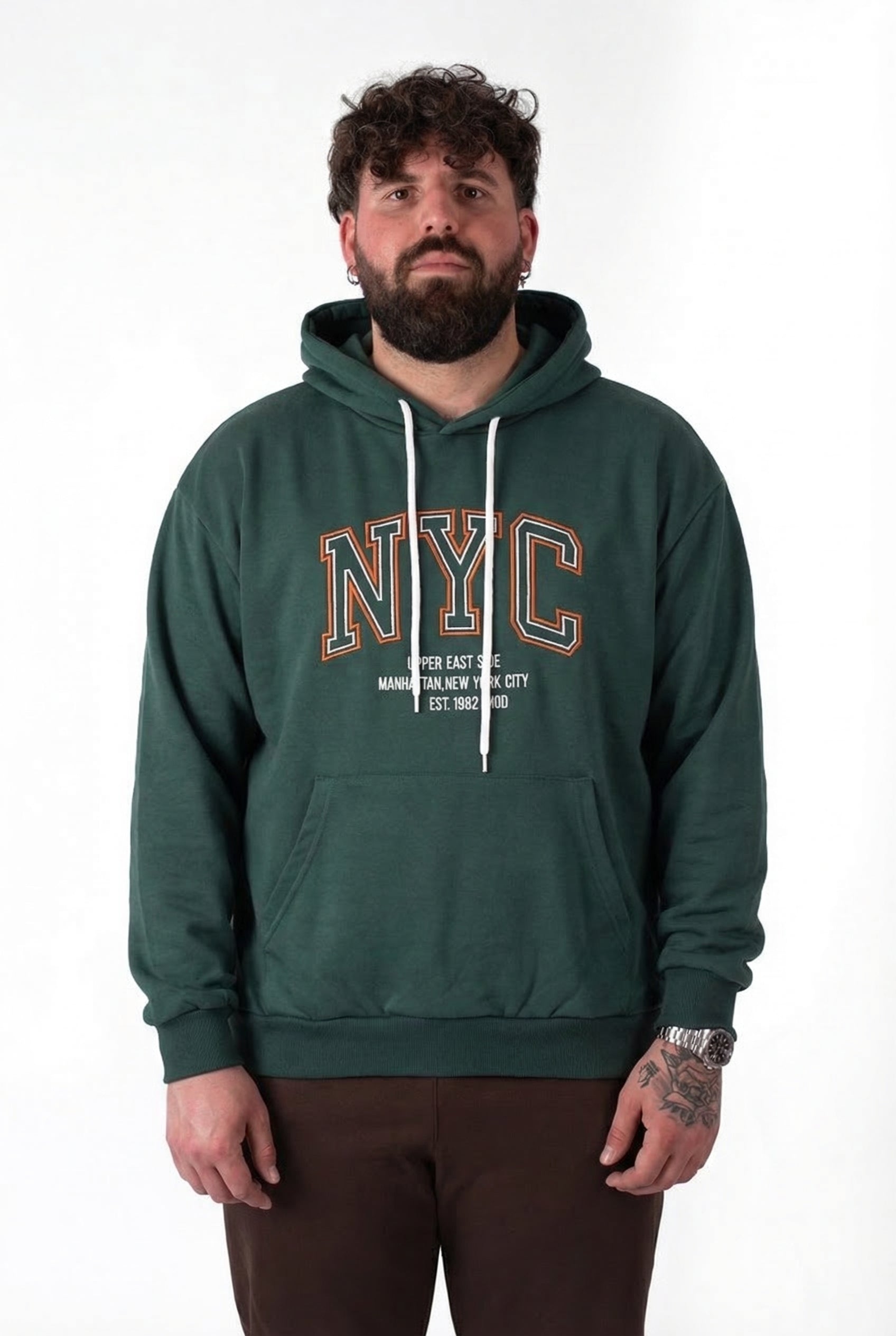 Felpa con Cappuccio Verde "NYC" Uomo Taglie Forti