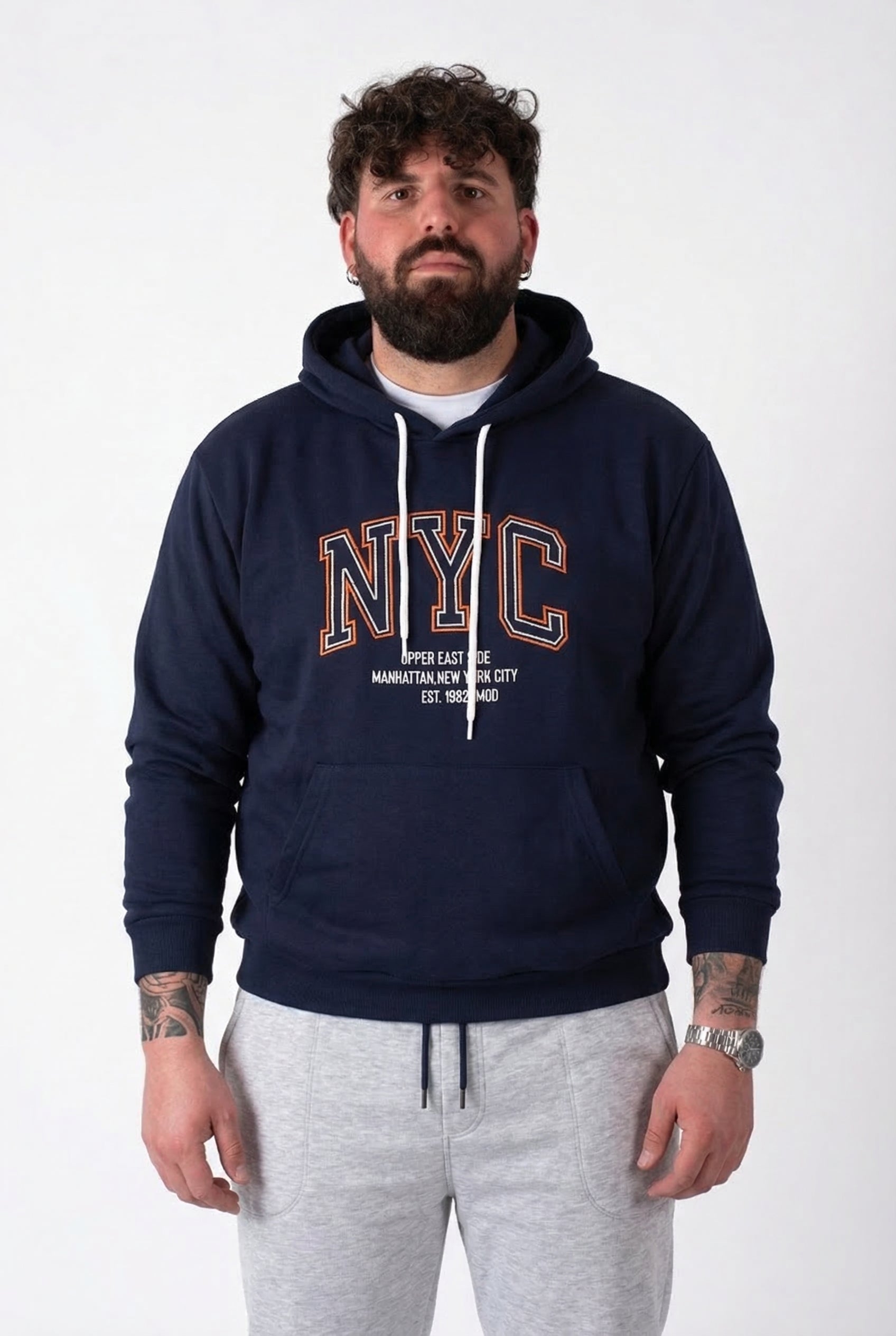 Felpa con Cappuccio Blue Navy "NYC" Uomo Taglie Forti