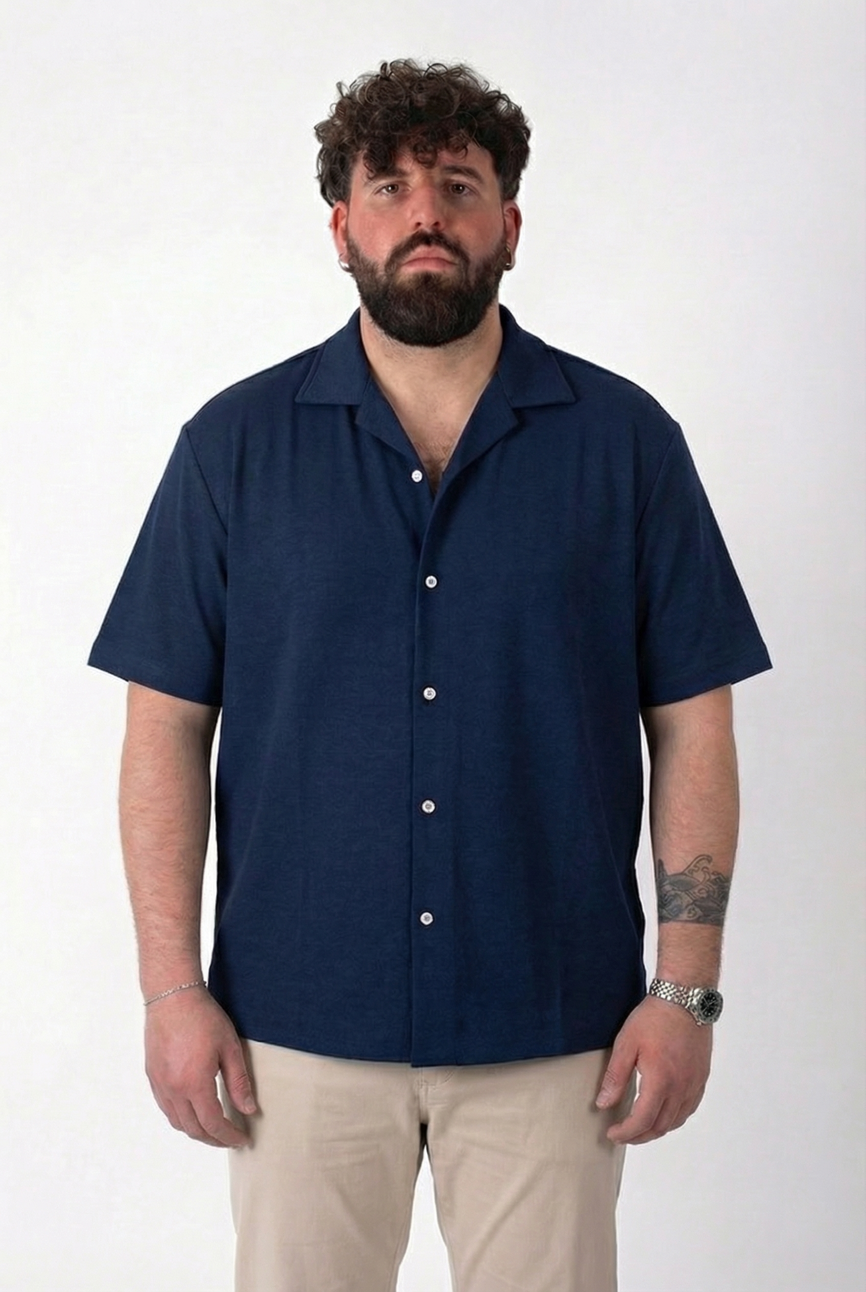 Camicia Miami Manica Corta Blu Navy Colletto Bowling Uomo Taglie Forti