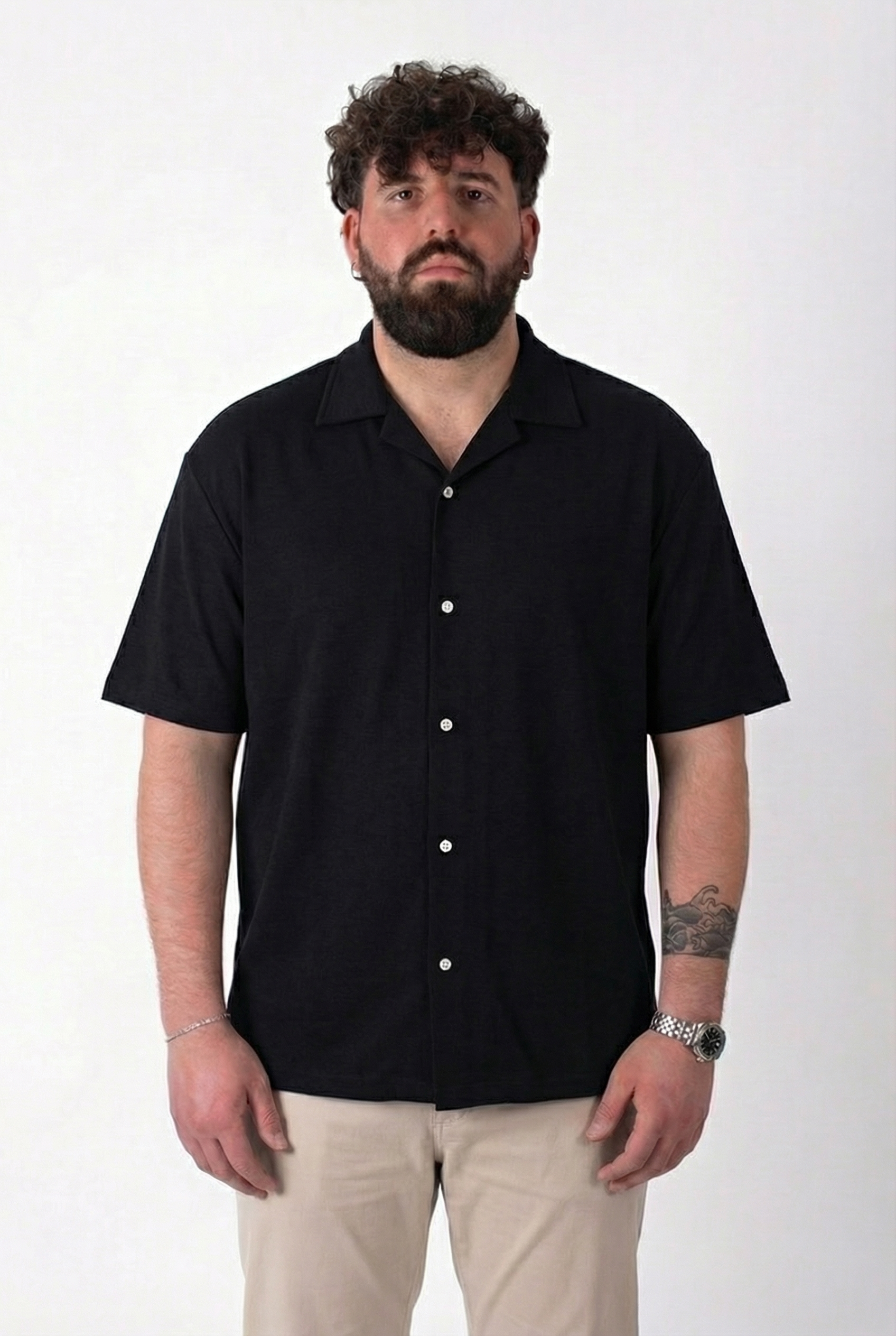 Camicia Miami Manica Corta Nera Colletto Bowling Uomo Taglie Forti