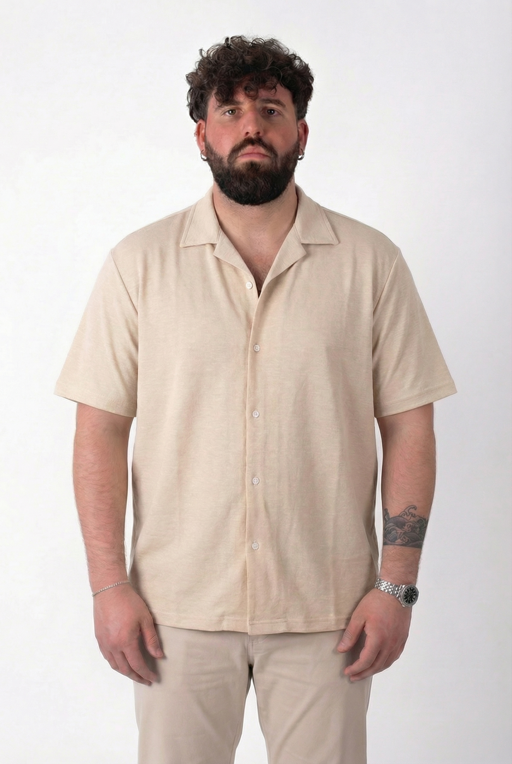 Camicia Miami Manica Corta Beige Colletto Bowling Uomo Taglie Forti