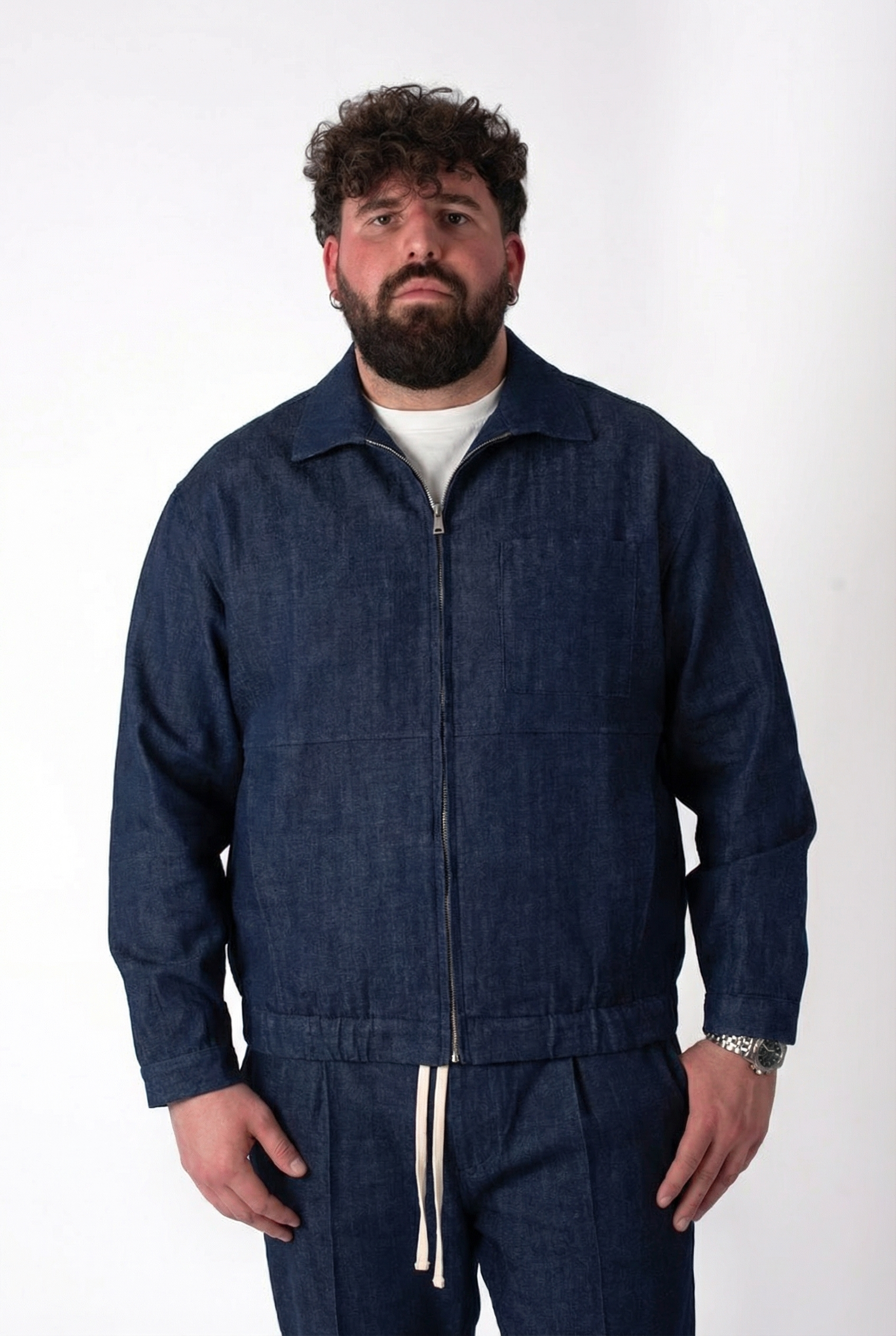 Giacca in Denim Blu Scuro con Zip Uomo Taglie Forti
