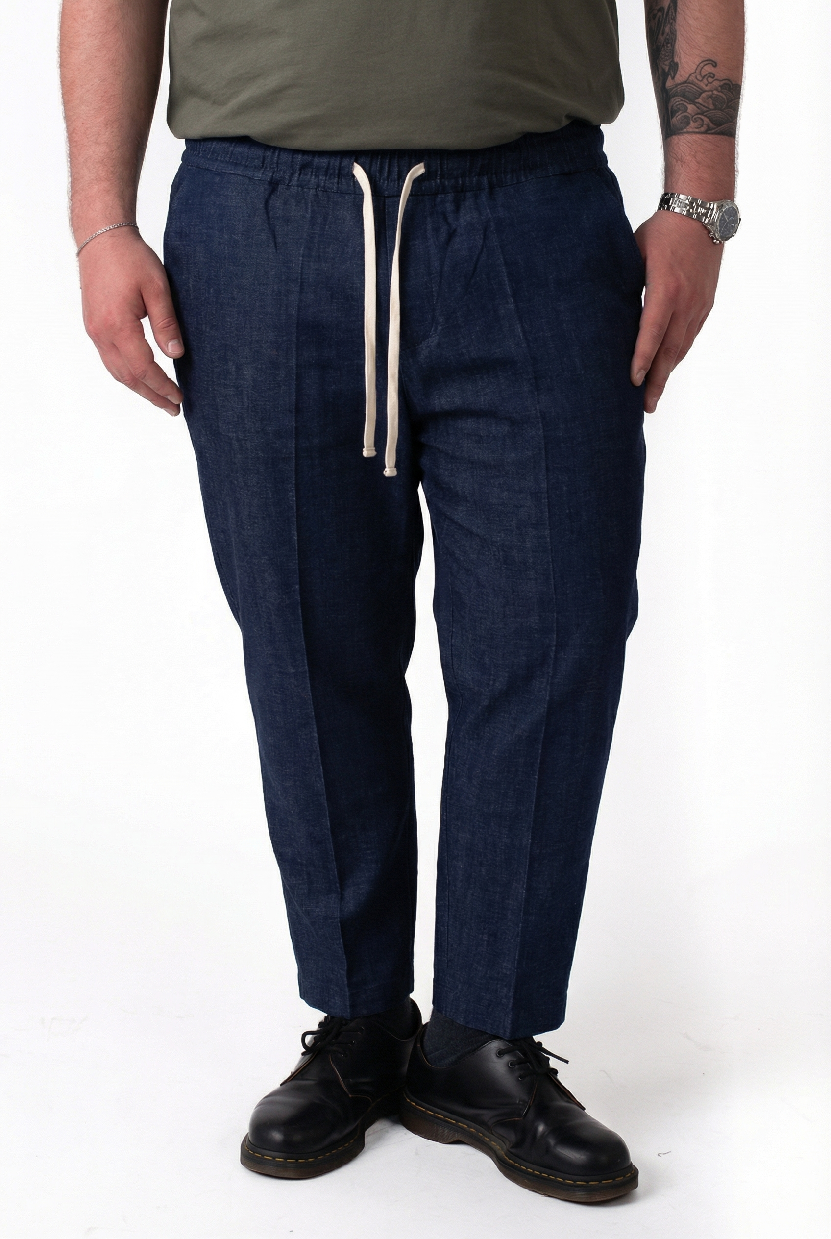 Pantaloni in Denim Blu Scuro con Bustino in Molla Uomo Taglie Forti