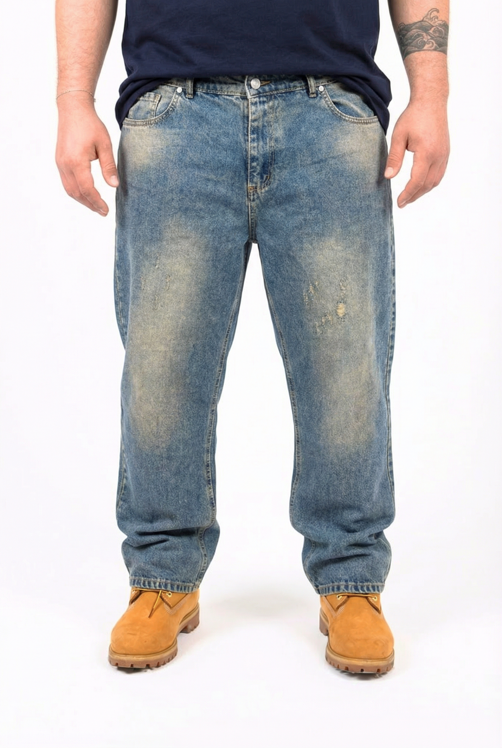Jeans Baggy Fit Lavaggio Chiaro con Abrasioni Uomo Taglie Forti