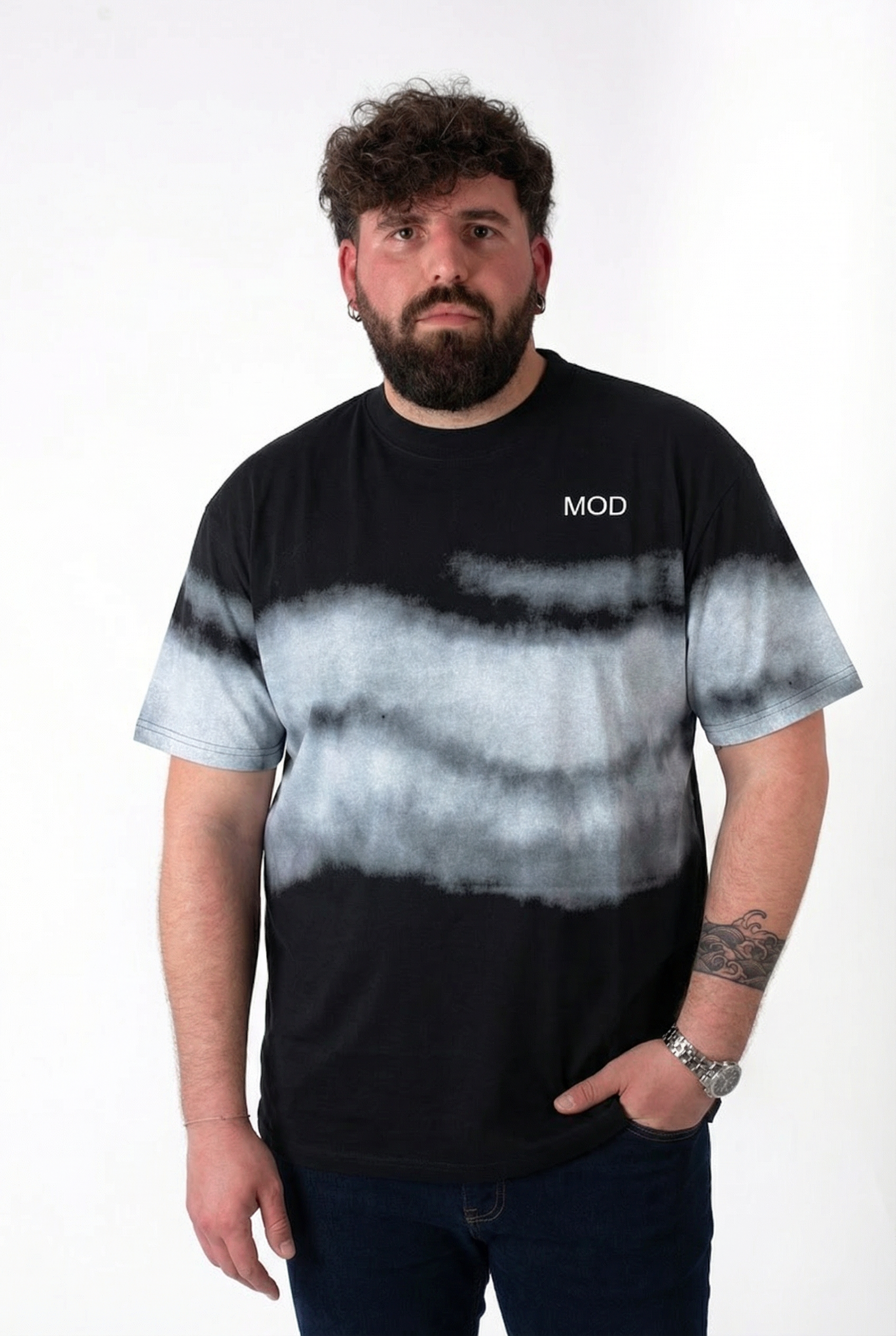 T-Shirt Nera Sfumata Tie-Dye Effetto Nuvola Uomo Taglie Forti