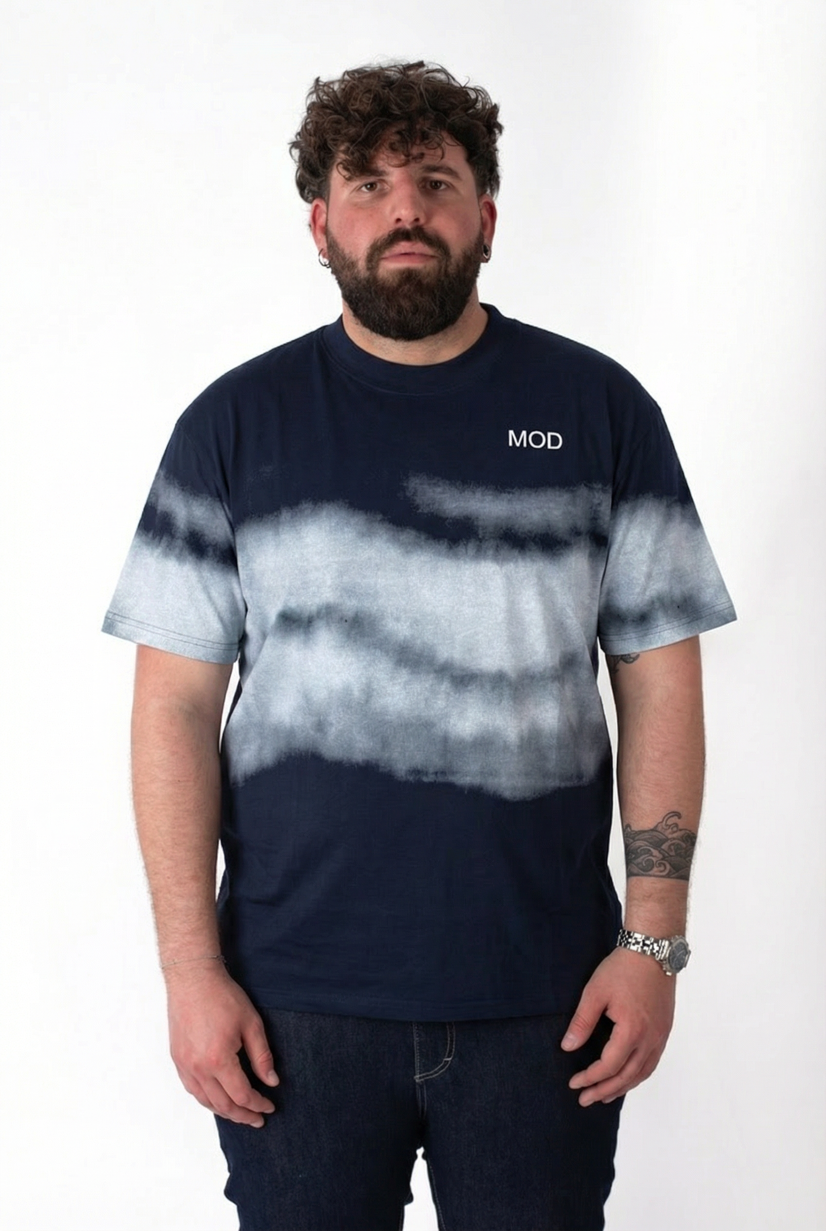 T-Shirt Blu Navy Sfumata Tie-Dye Effetto Nuvola Uomo Taglie Forti