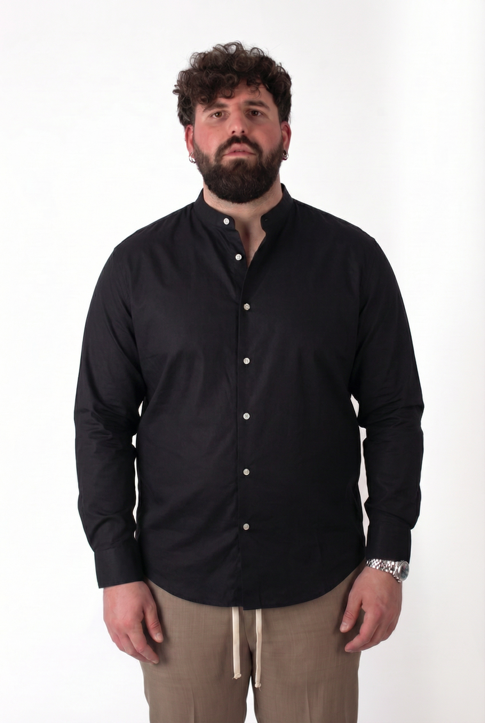 Camicia Nera Colletto alla Coreana Uomo Taglie Forti