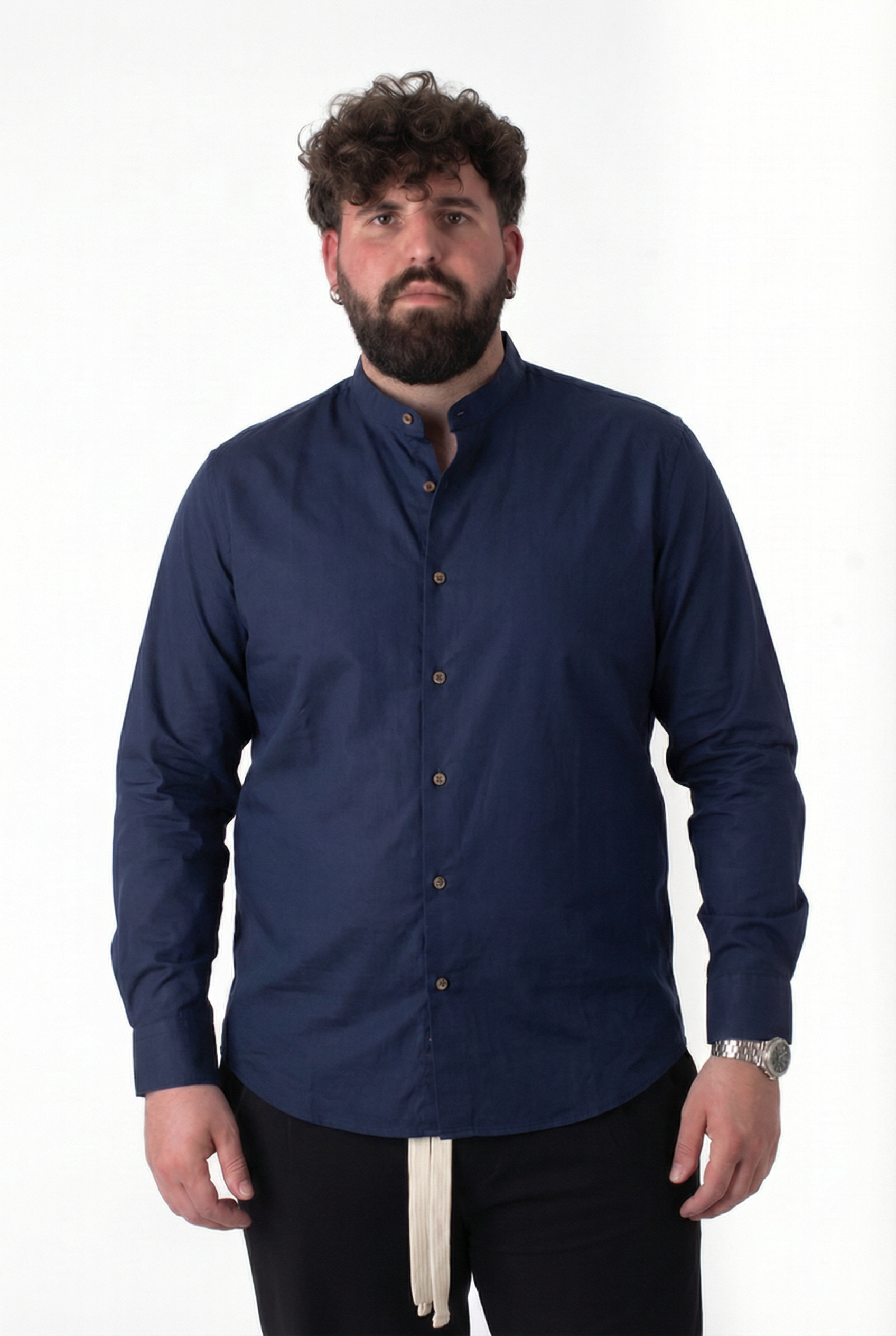 Camicia Blu Navy Colletto alla Coreana Uomo Taglie Forti
